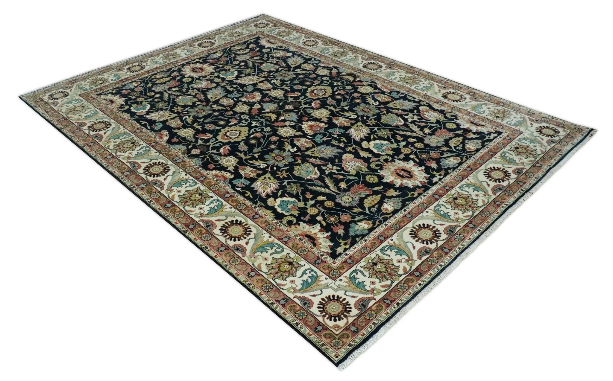 Traditional Floral Blue and Ivory Fine Hand Knotted 9x12 wool area rug - Image 3