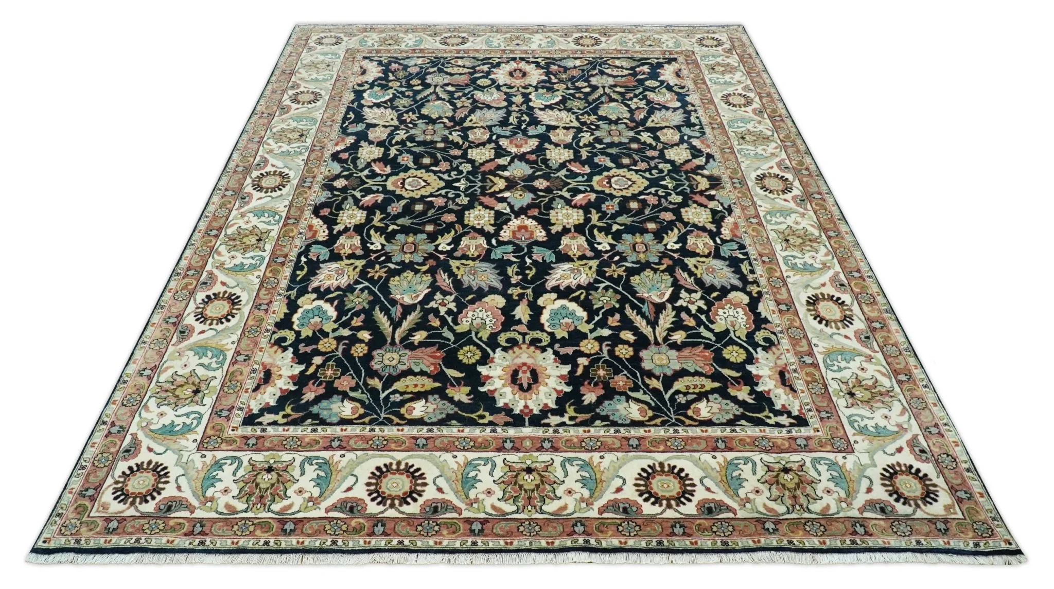 Traditional Floral Blue and Ivory Fine Hand Knotted 9x12 wool area rug - Image 4