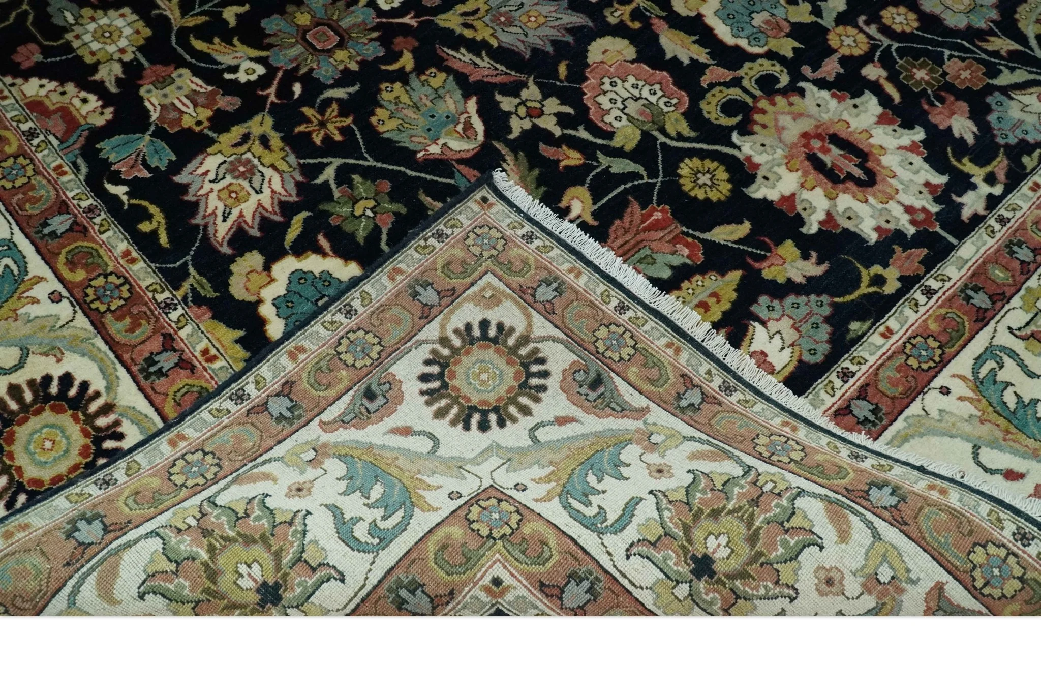 Traditional Floral Blue and Ivory Fine Hand Knotted 9x12 wool area rug - Image 5