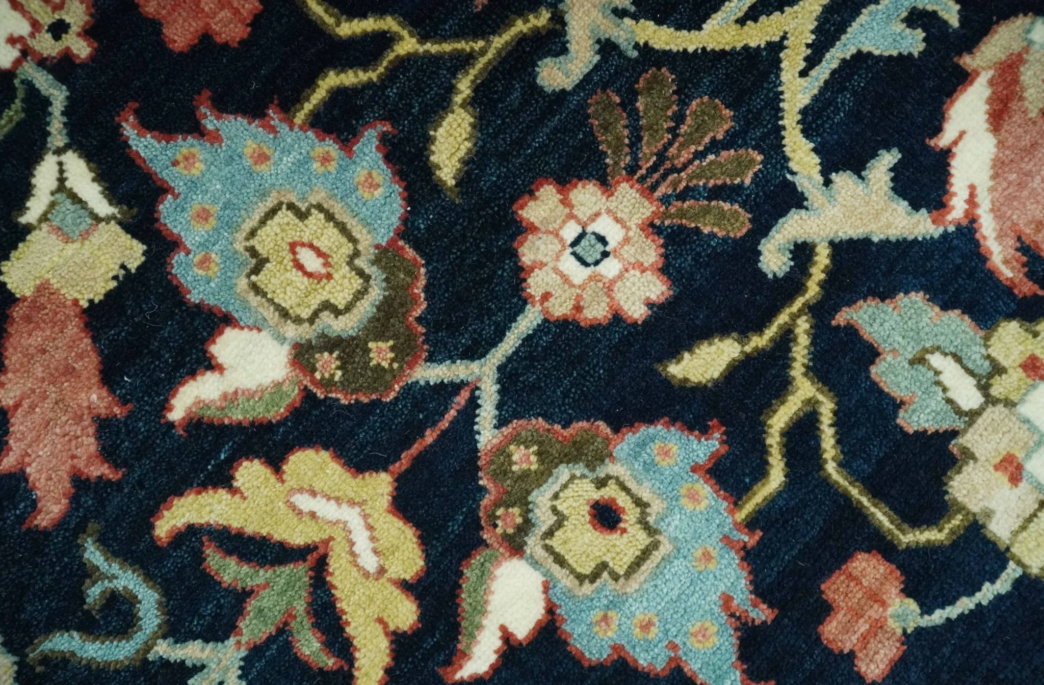 Traditional Floral Blue and Ivory Fine Hand Knotted 9x12 wool area rug - Image 6