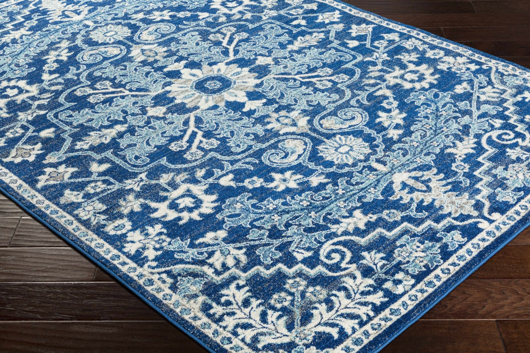 Traditional Floral Blue and Ivory Medallion Turkish Design Area rug - Image 3