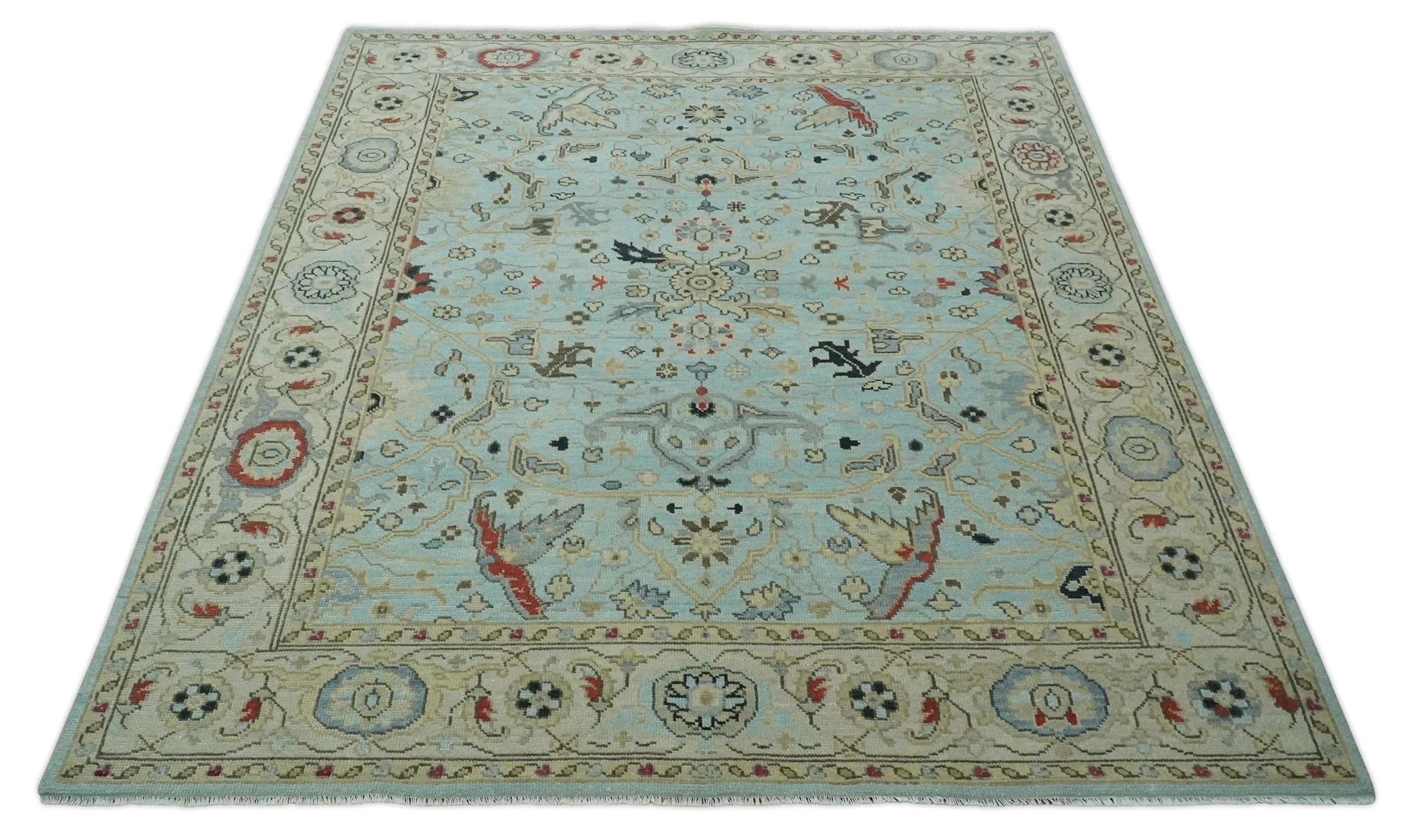 Traditional Floral Blue, Ivory and Beige Oriental Oushak Multi size wool Area Rug - Image 10