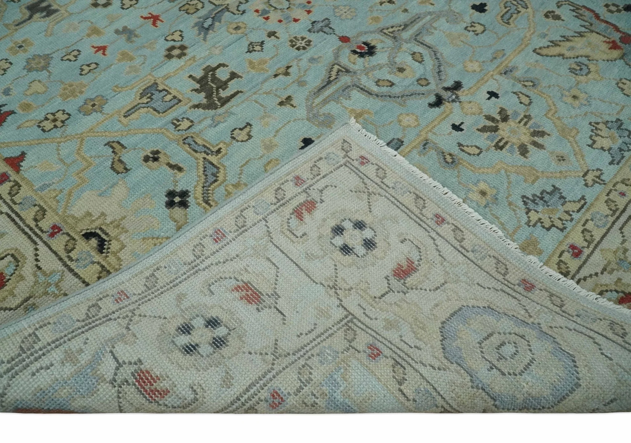 Traditional Floral Blue, Ivory and Beige Oriental Oushak Multi size wool Area Rug - Image 7