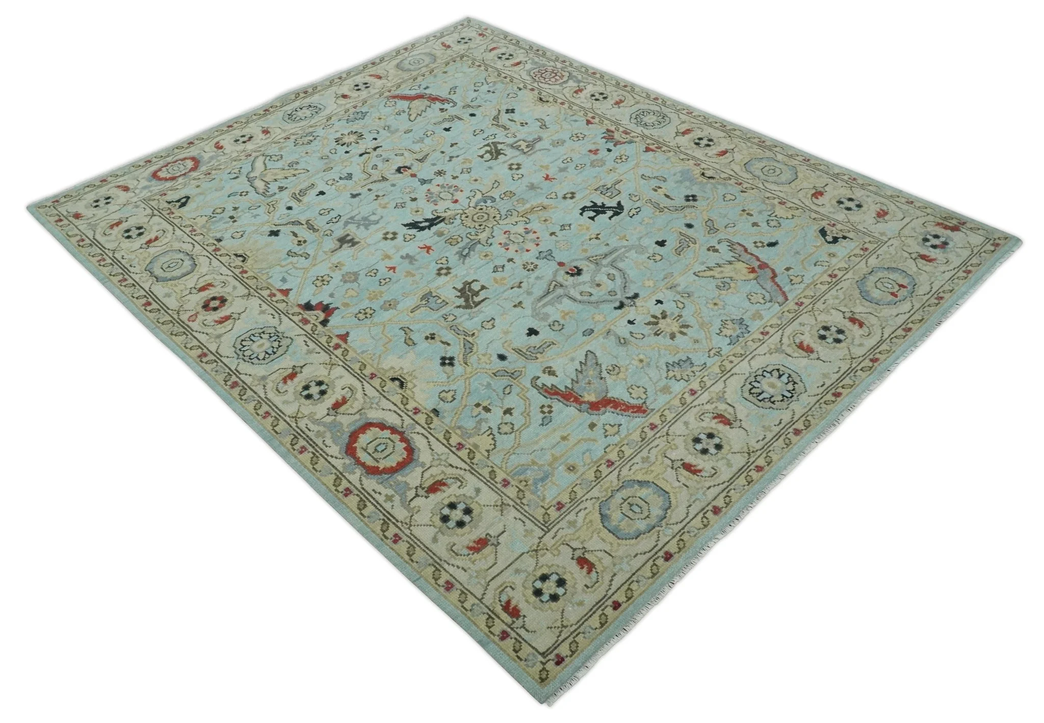 Traditional Floral Blue, Ivory and Beige Oriental Oushak Multi size wool Area Rug - Image 9