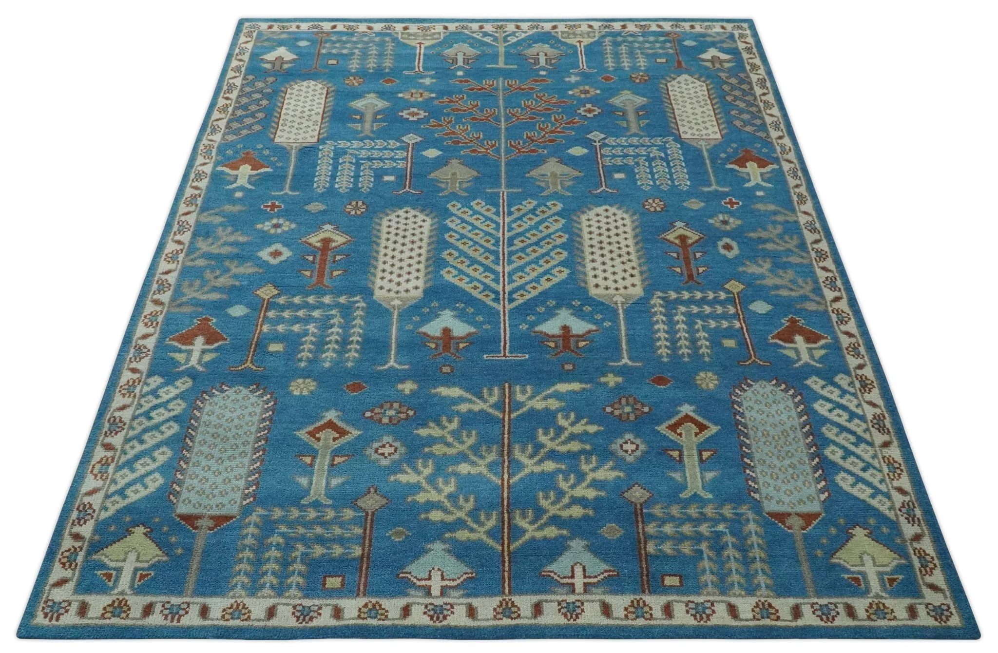Tree of life Traditional Floral Blue, Ivory and Brown Hand Knotted Custom Made Wool Area Rug - Image 11