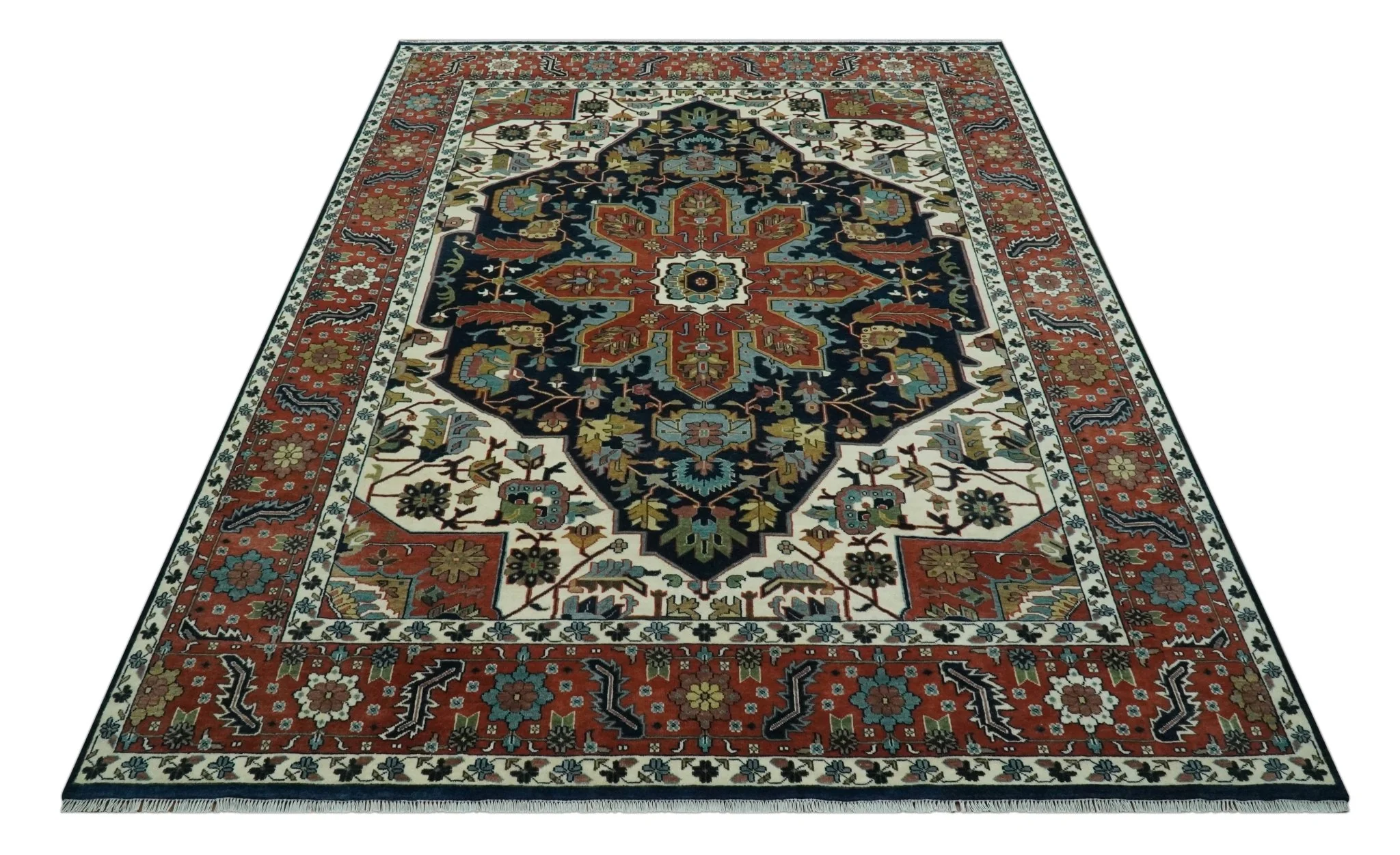 Traditional Floral Blue, Ivory and Rust Hand Knotted 9x12 wool area rug - Image 10
