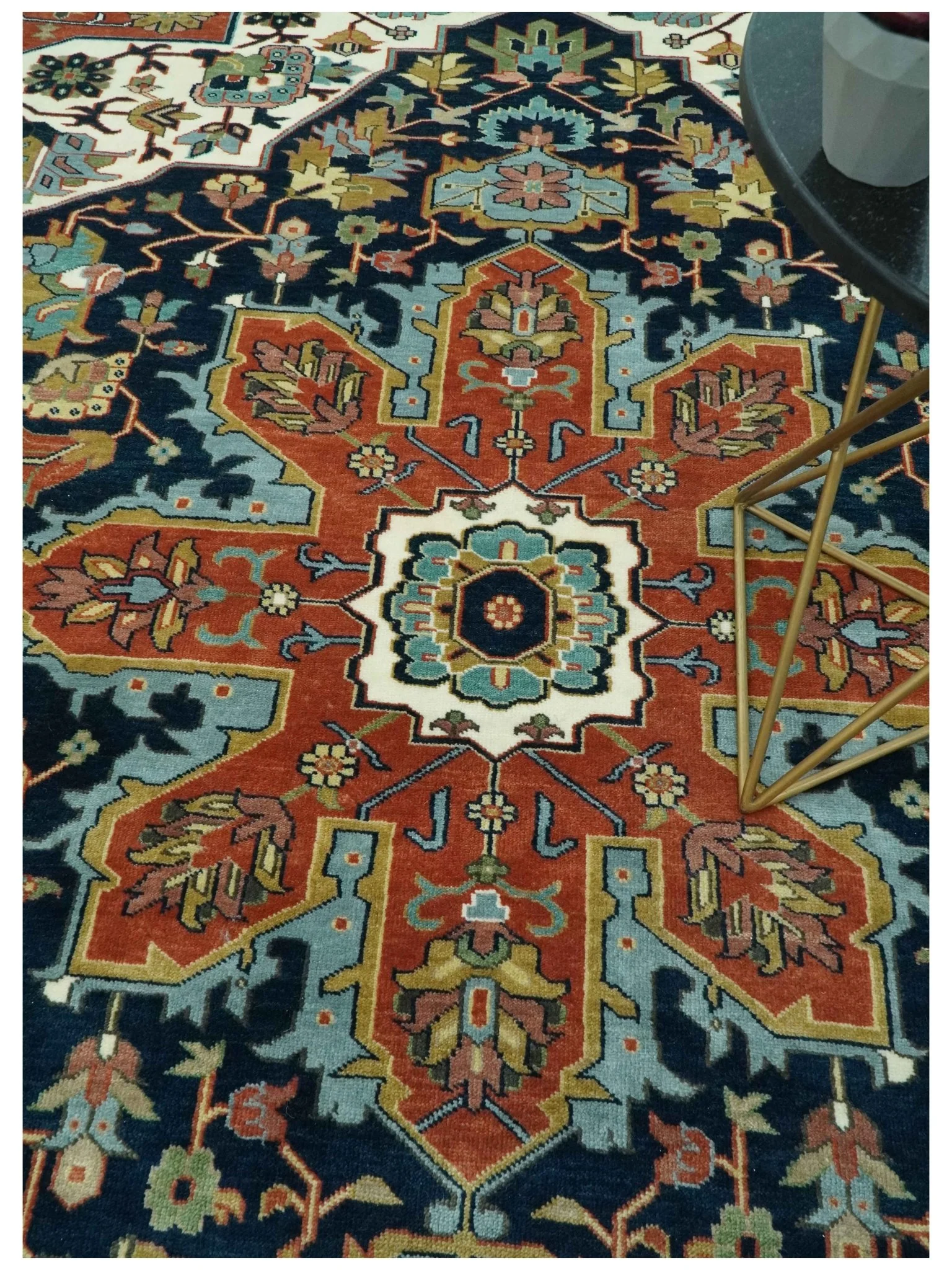 Traditional Floral Blue, Ivory and Rust Hand Knotted 9x12 wool area rug - Image 2
