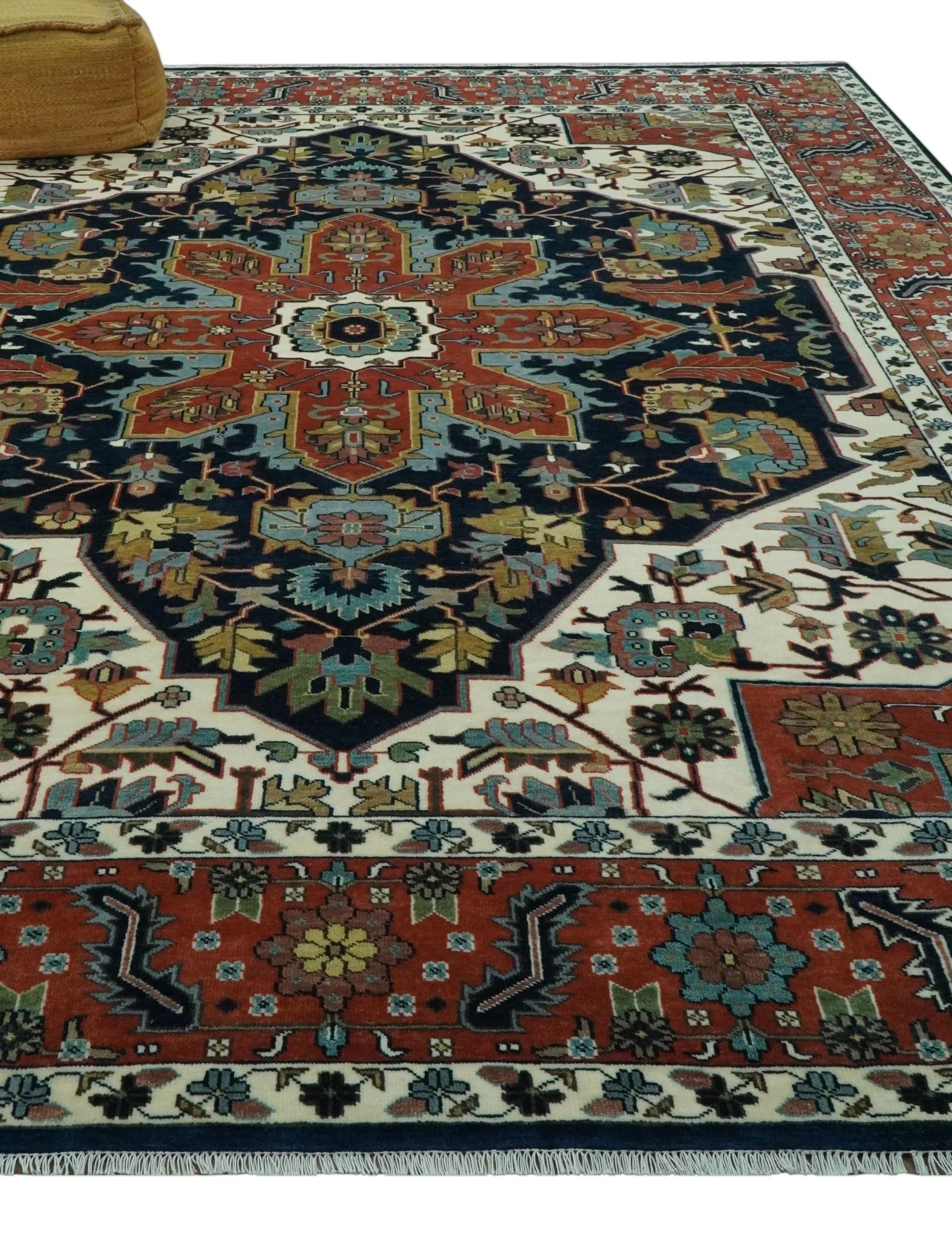 Traditional Floral Blue, Ivory and Rust Hand Knotted 9x12 wool area rug - Image 3