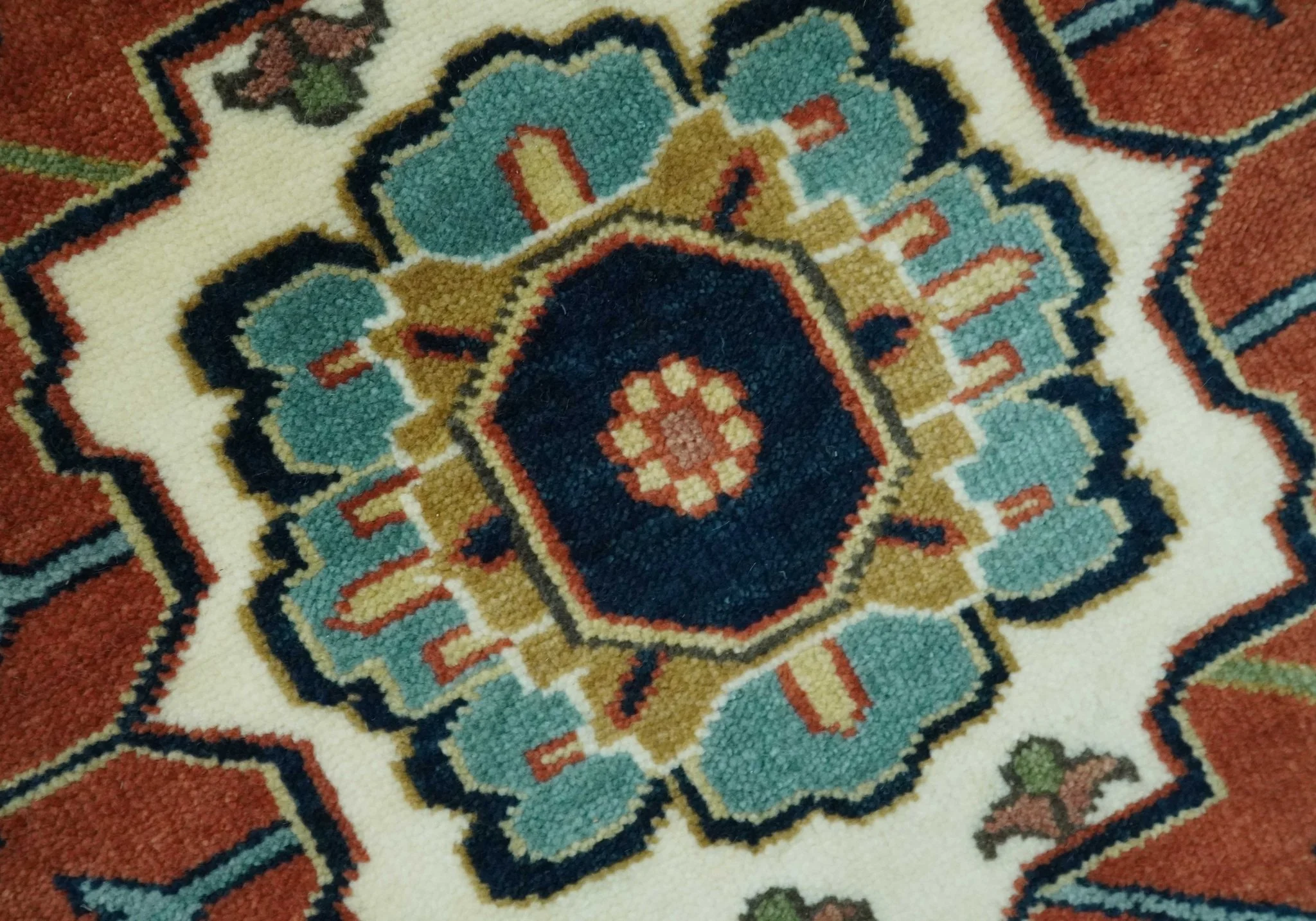 Traditional Floral Blue, Ivory and Rust Hand Knotted 9x12 wool area rug - Image 4