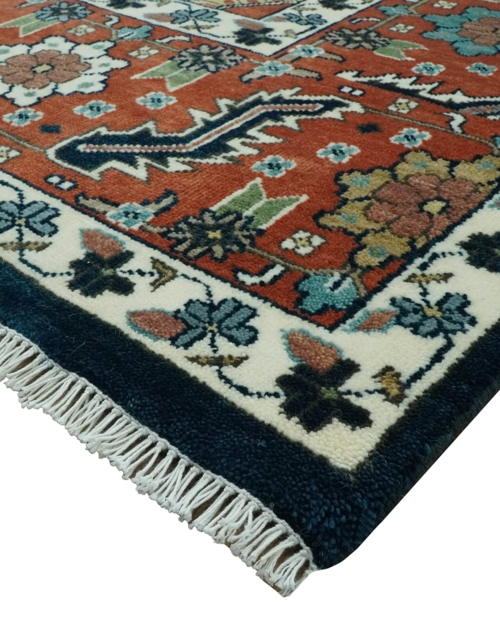 Traditional Floral Blue, Ivory and Rust Hand Knotted 9x12 wool area rug - Image 5