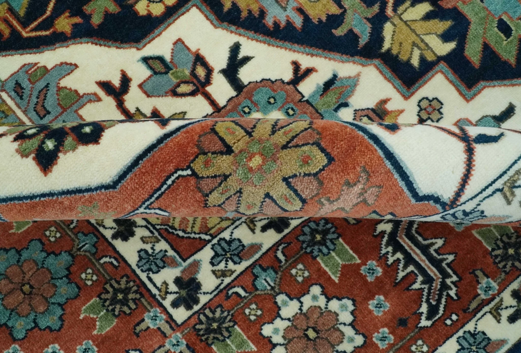 Traditional Floral Blue, Ivory and Rust Hand Knotted 9x12 wool area rug - Image 6