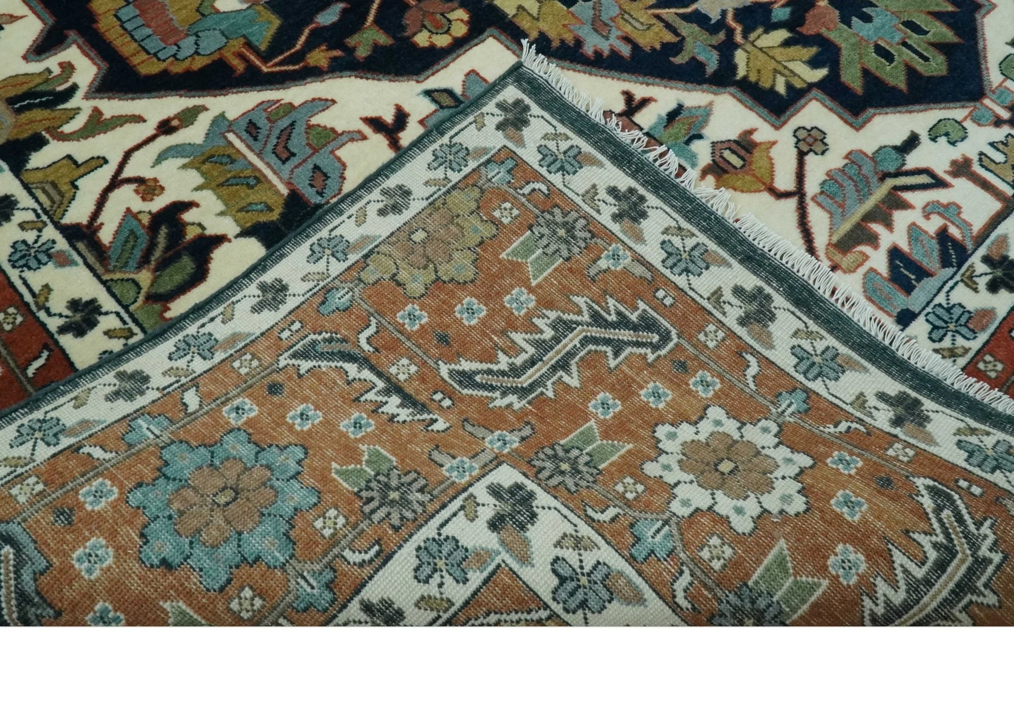 Traditional Floral Blue, Ivory and Rust Hand Knotted 9x12 wool area rug - Image 7