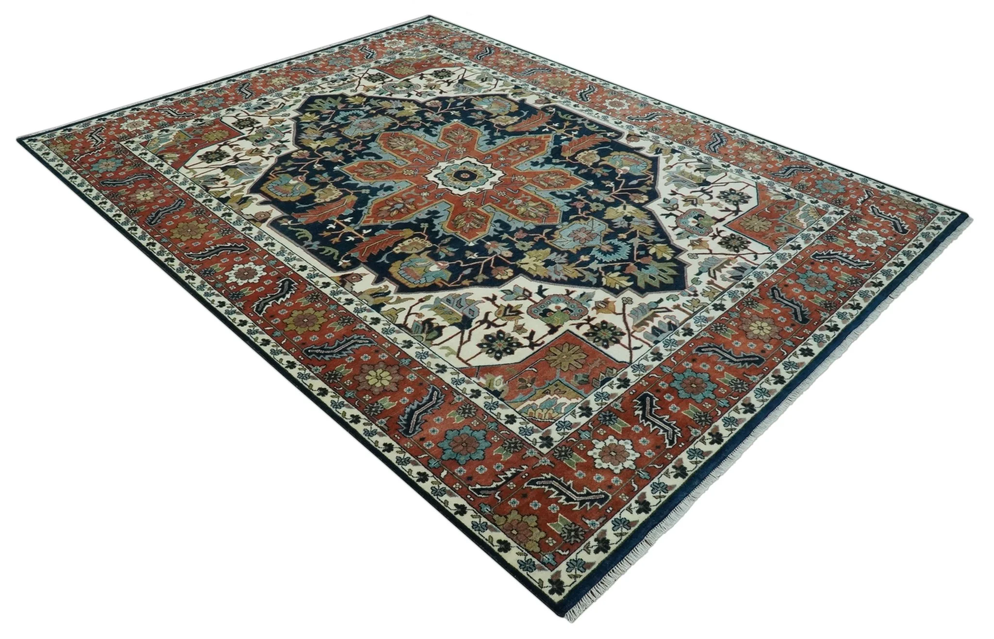 Traditional Floral Blue, Ivory and Rust Hand Knotted 9x12 wool area rug - Image 9
