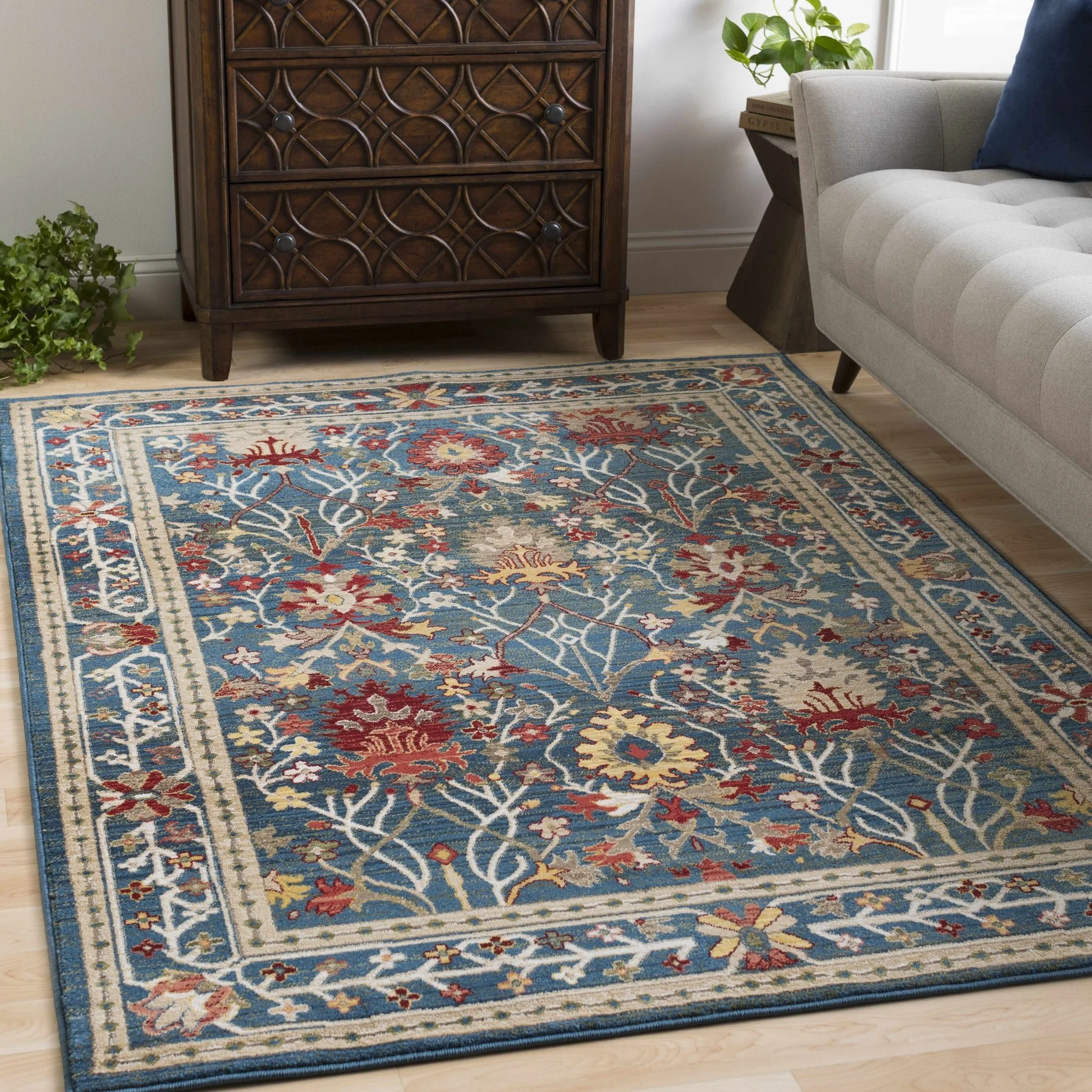 Traditional Floral Blue, Rust and Ivory Oriental Oushak area rug - Image 2