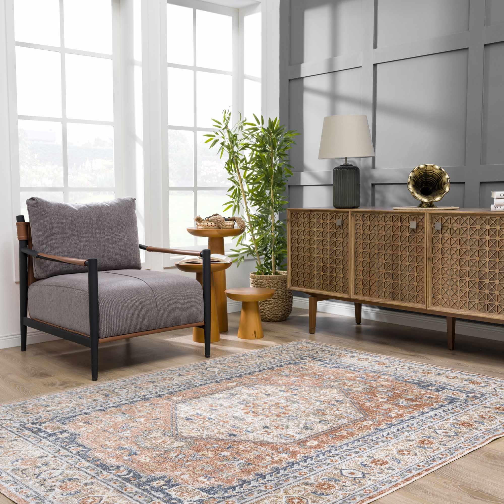 Traditional Camel, Brown and Charcoal Vintage Style Washable Multi Size Turkish Design Rug - Image 17