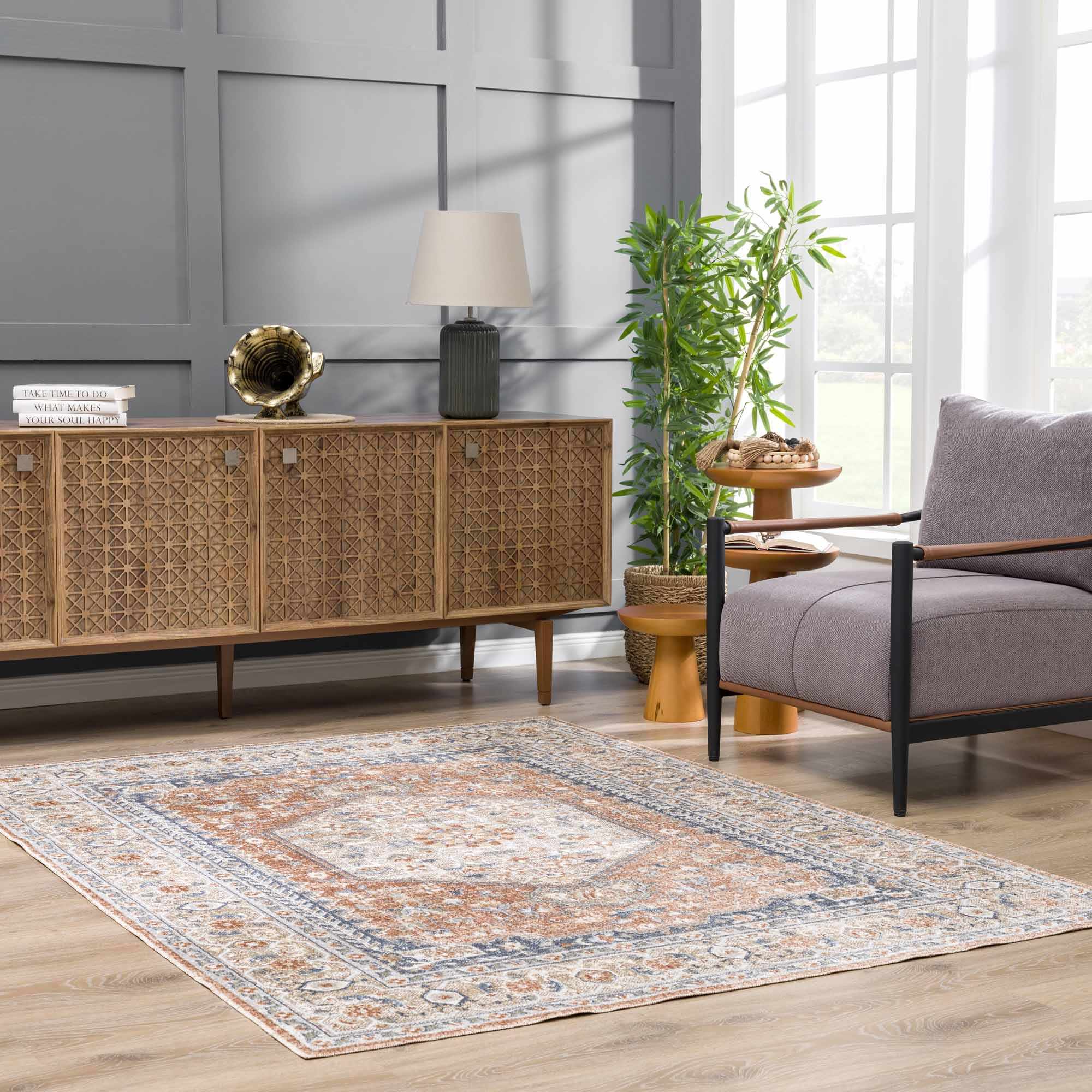 Traditional Camel, Brown and Charcoal Vintage Style Washable Multi Size Turkish Design Rug - Image 2