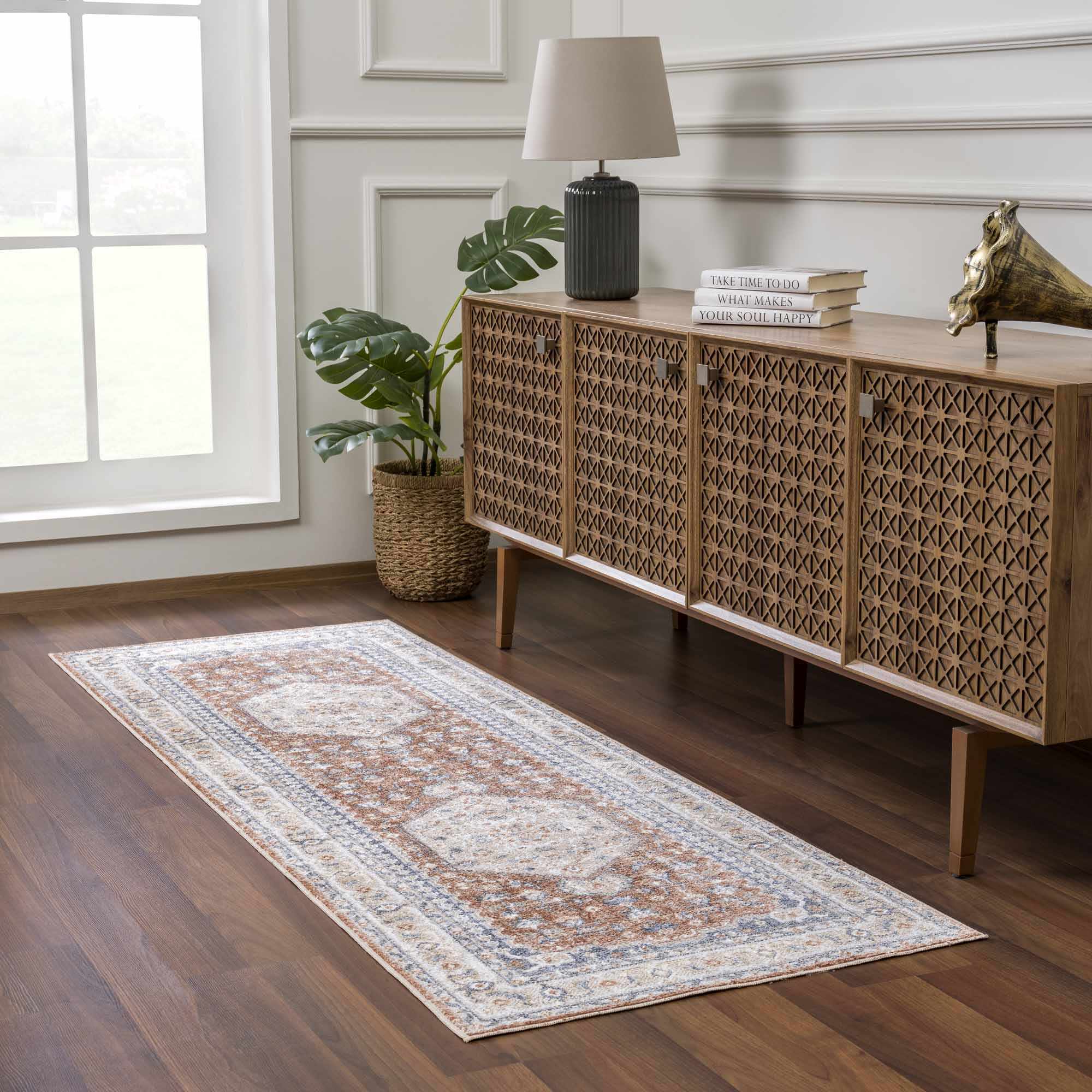 Traditional Camel, Brown and Charcoal Vintage Style Washable Multi Size Turkish Design Rug - Image 3