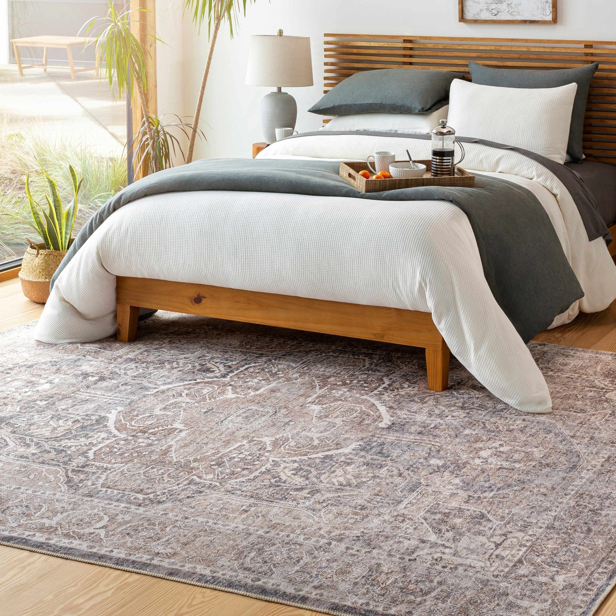 Antique look Transitional Charcoal, Ivory and Brown Medallion Machine Washable Rug - Image 10