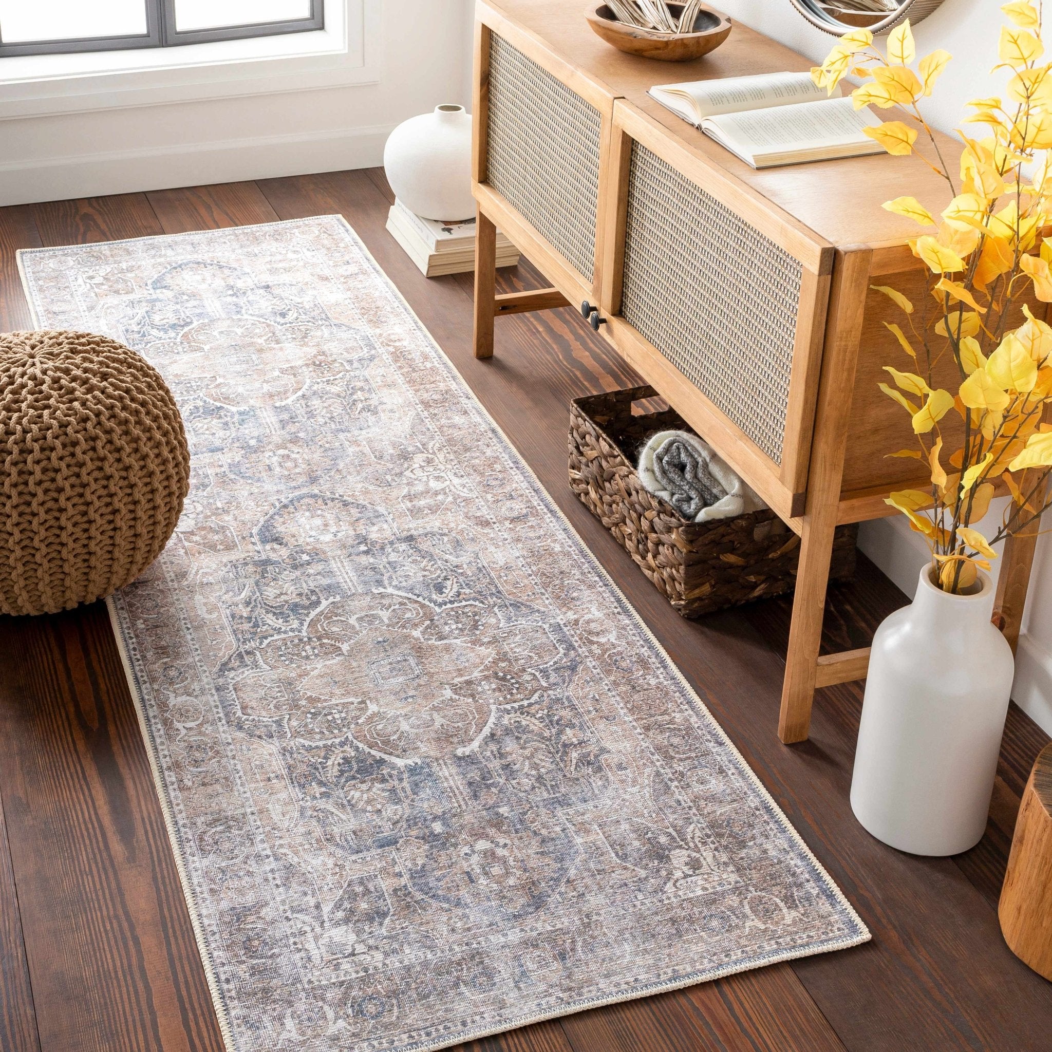 Antique look Transitional Charcoal, Ivory and Brown Medallion Machine Washable Rug - Image 11