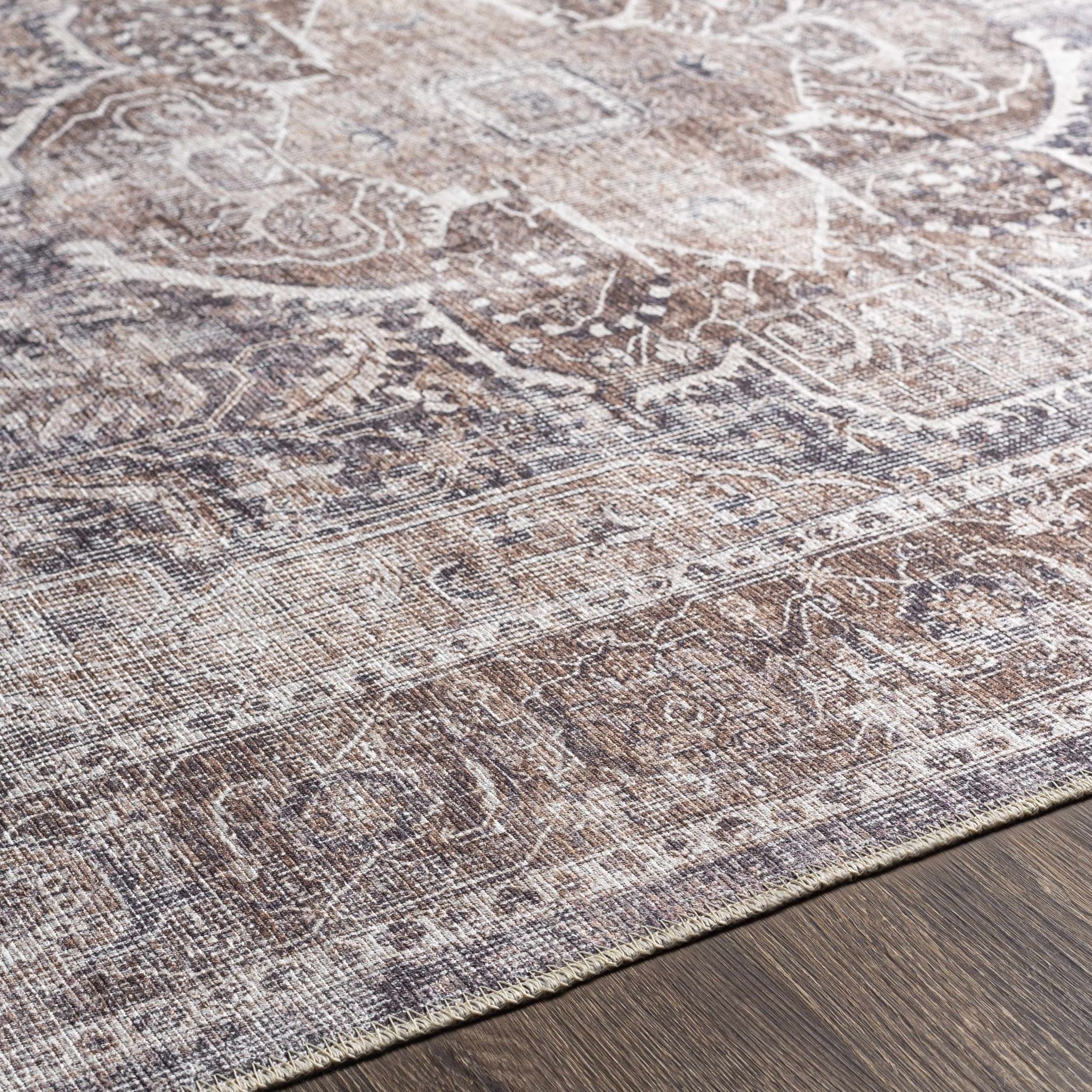 Antique look Transitional Charcoal, Ivory and Brown Medallion Machine Washable Rug - Image 12