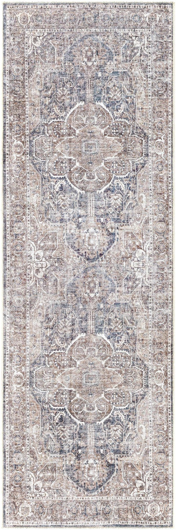 Antique look Transitional Charcoal, Ivory and Brown Medallion Machine Washable Rug - Image 14