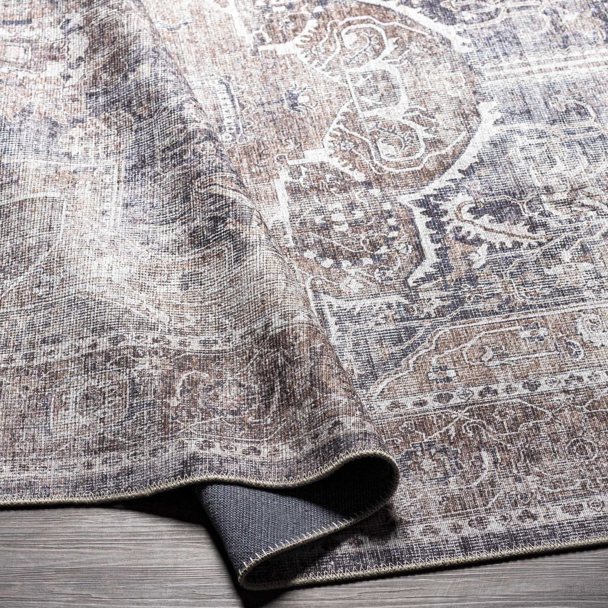 Antique look Transitional Charcoal, Ivory and Brown Medallion Machine Washable Rug - Image 16