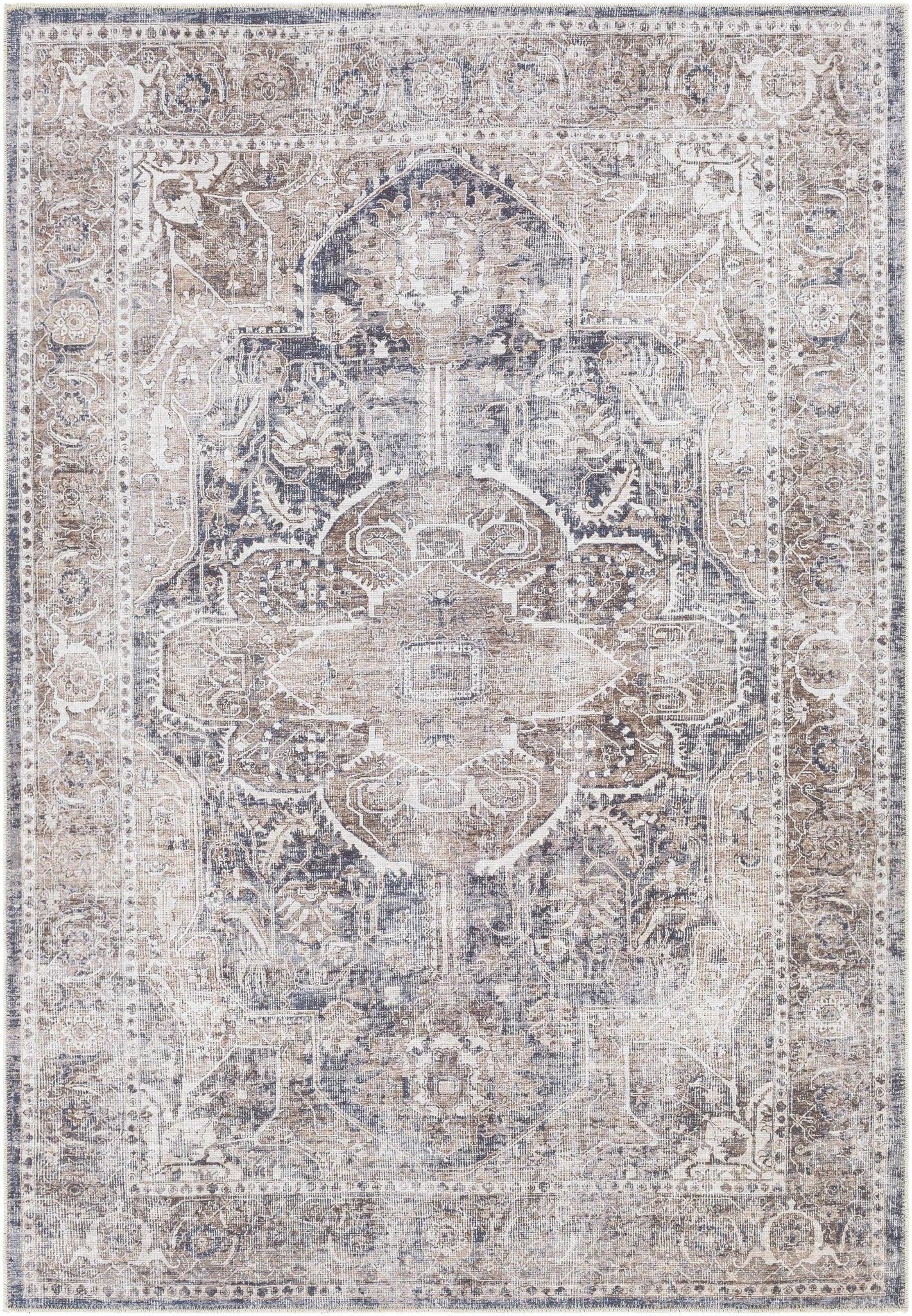 Antique look Transitional Charcoal, Ivory and Brown Medallion Machine Washable Rug - Image 17