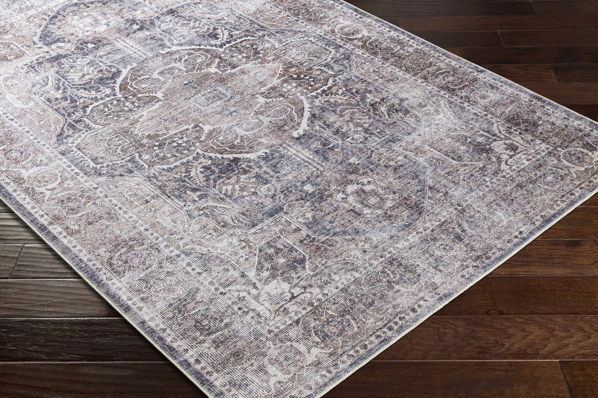 Antique look Transitional Charcoal, Ivory and Brown Medallion Machine Washable Rug - Image 18