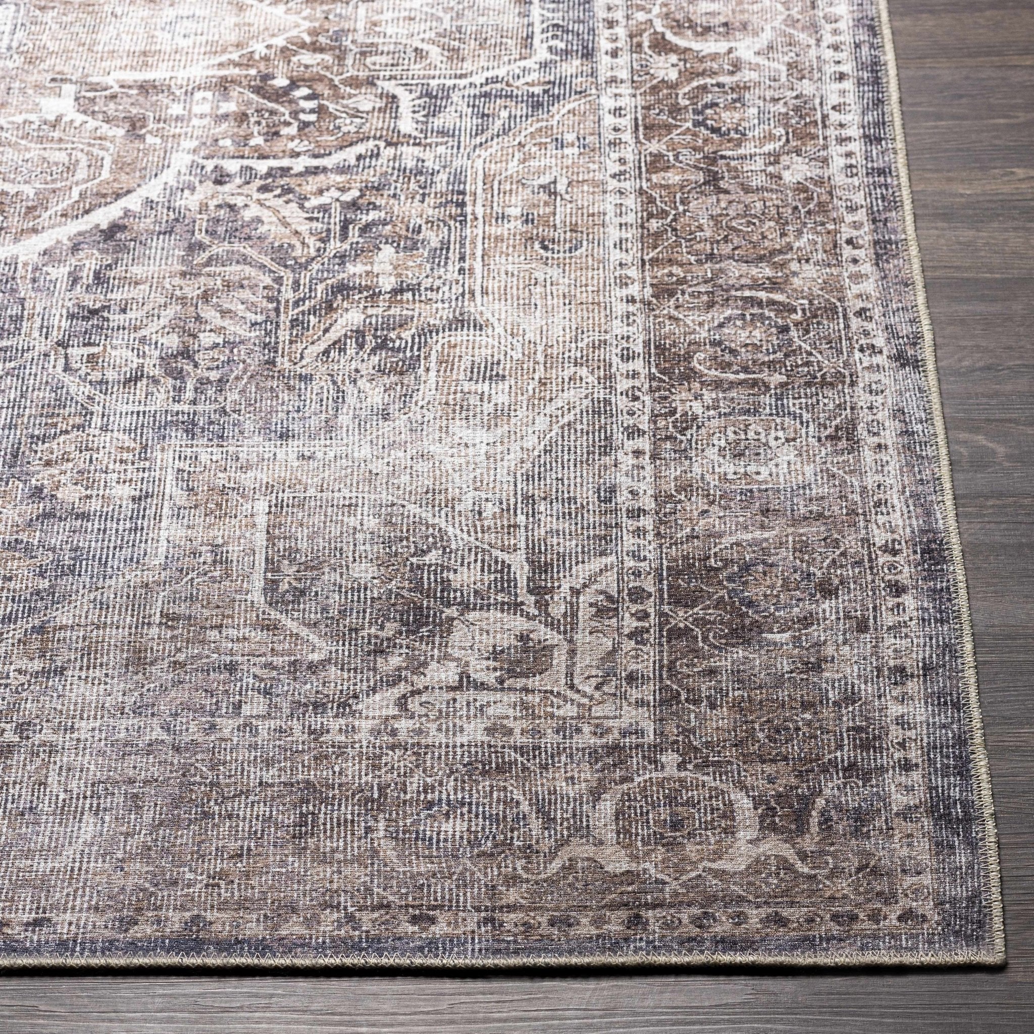 Antique look Transitional Charcoal, Ivory and Brown Medallion Machine Washable Rug - Image 19