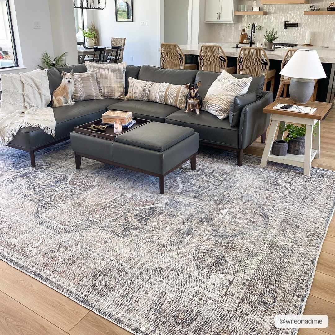 Antique look Transitional Charcoal, Ivory and Brown Medallion Machine Washable Rug - Image 2