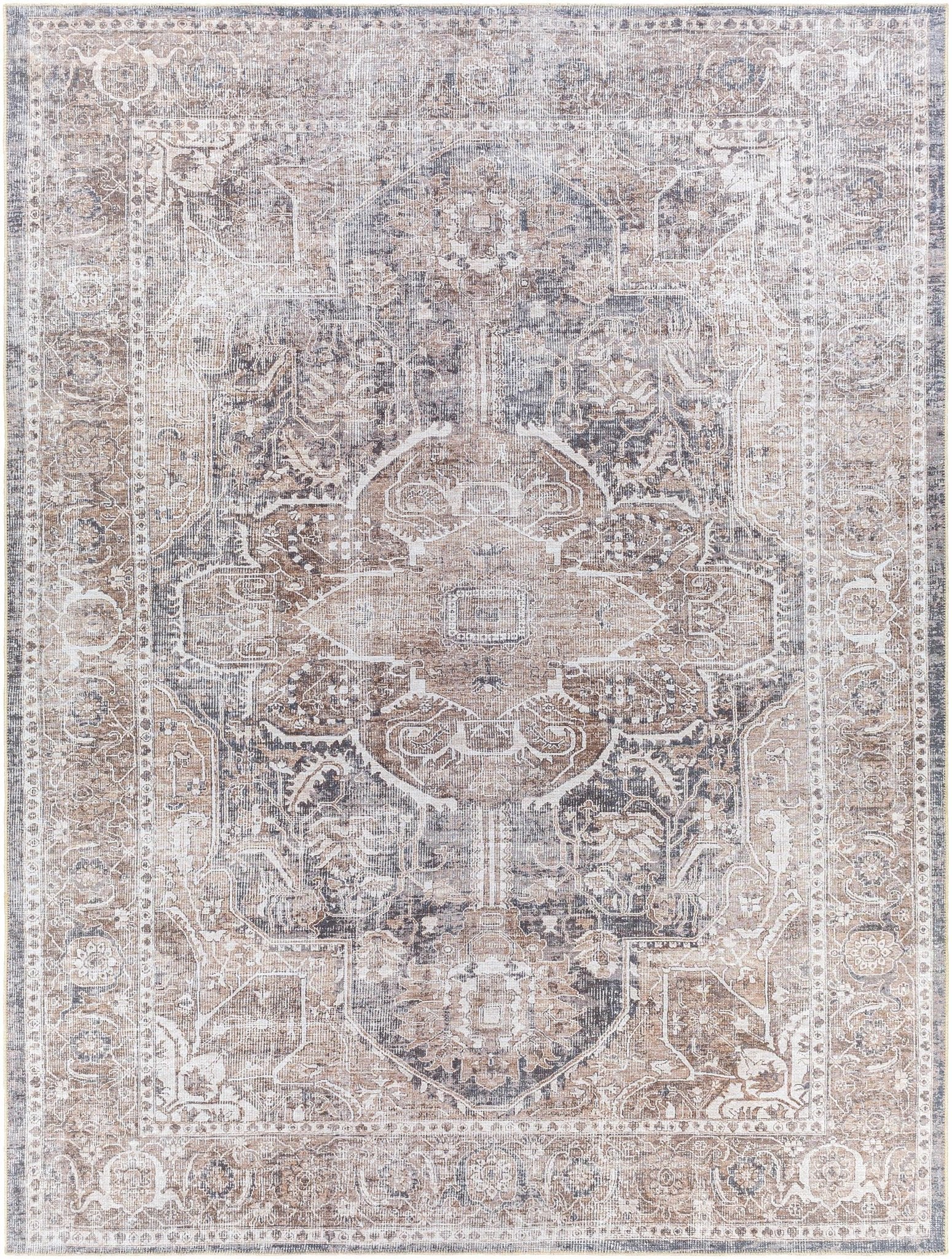 Antique look Transitional Charcoal, Ivory and Brown Medallion Machine Washable Rug - Image 20