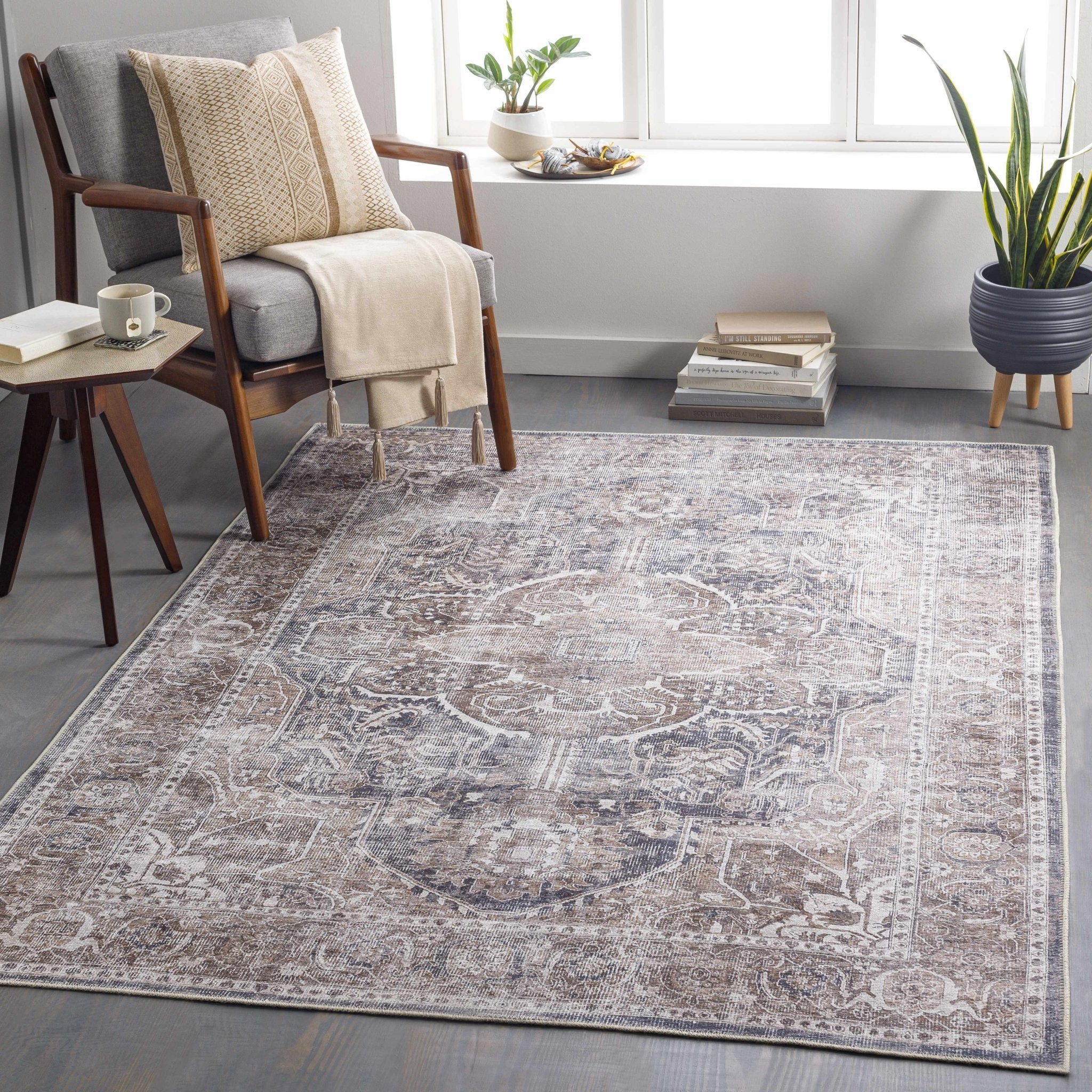 Antique look Transitional Charcoal, Ivory and Brown Medallion Machine Washable Rug - Image 9