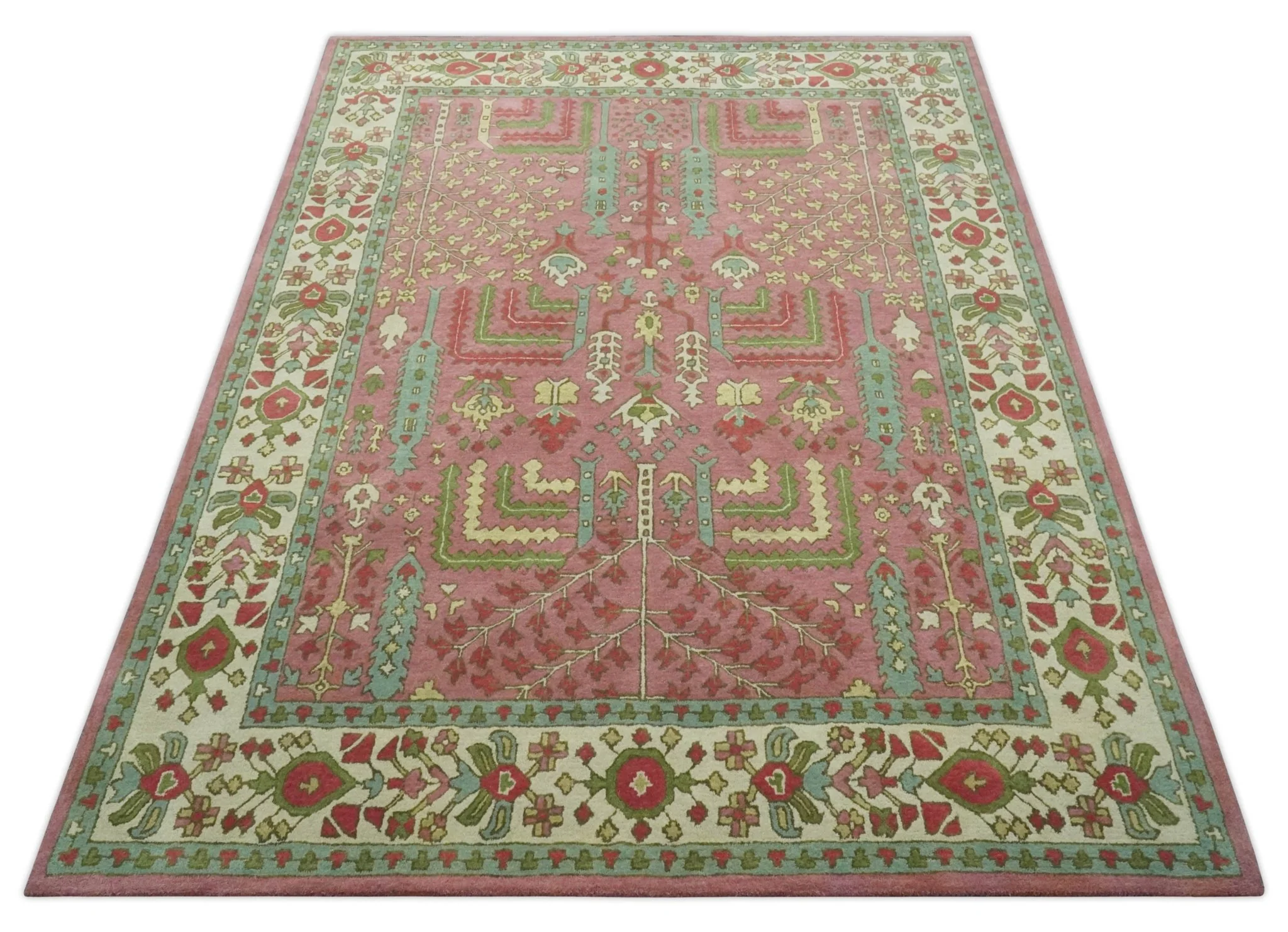 Custom Made Tree of life Traditional Floral Dark Peach, Beige and Green wool Area Rug - Image 10