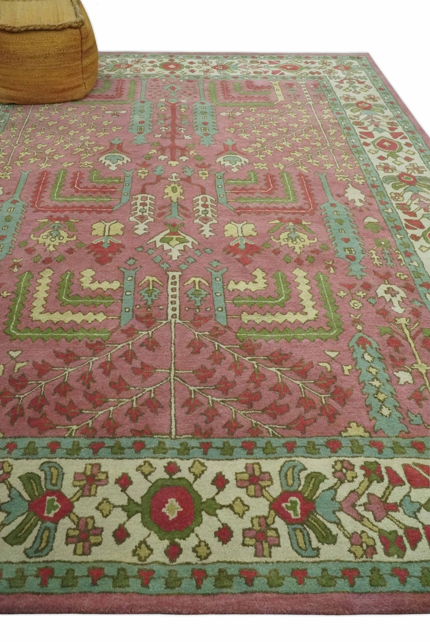 Custom Made Tree of life Traditional Floral Dark Peach, Beige and Green wool Area Rug - Image 3