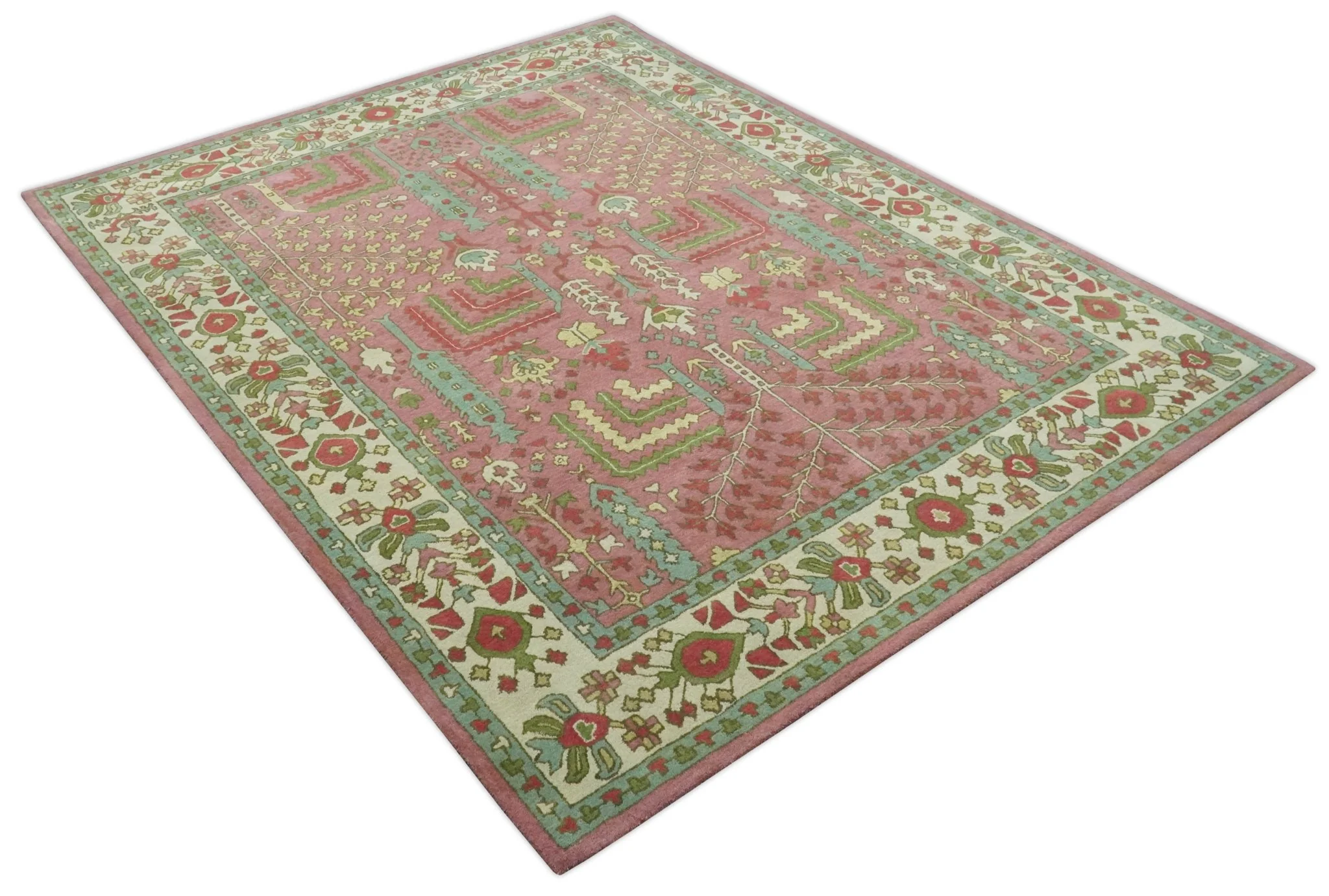 Custom Made Tree of life Traditional Floral Dark Peach, Beige and Green wool Area Rug - Image 9