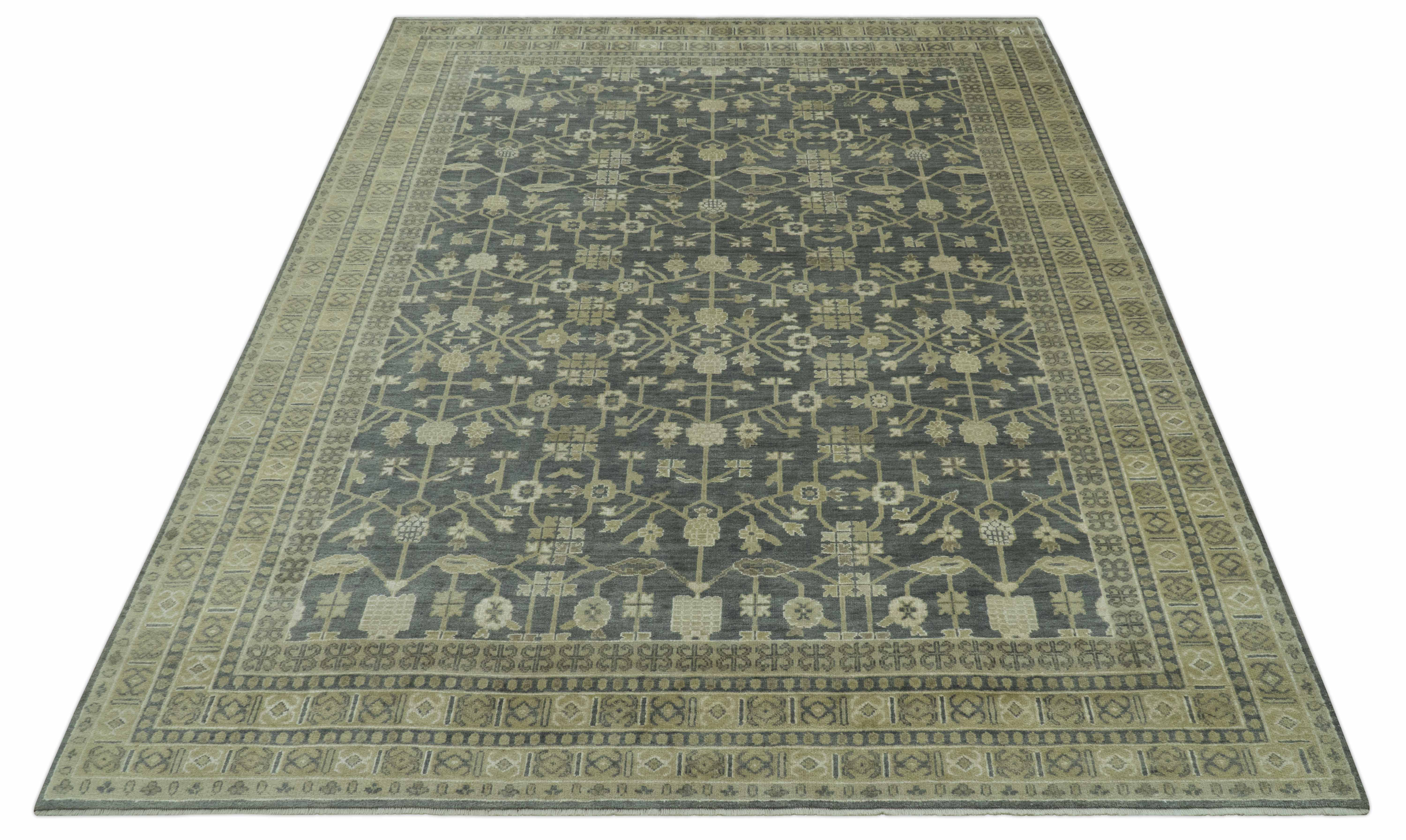 Traditional Design Charcoal And Beige 9x12 Hand Knotted Wool Area Rug - Image 12