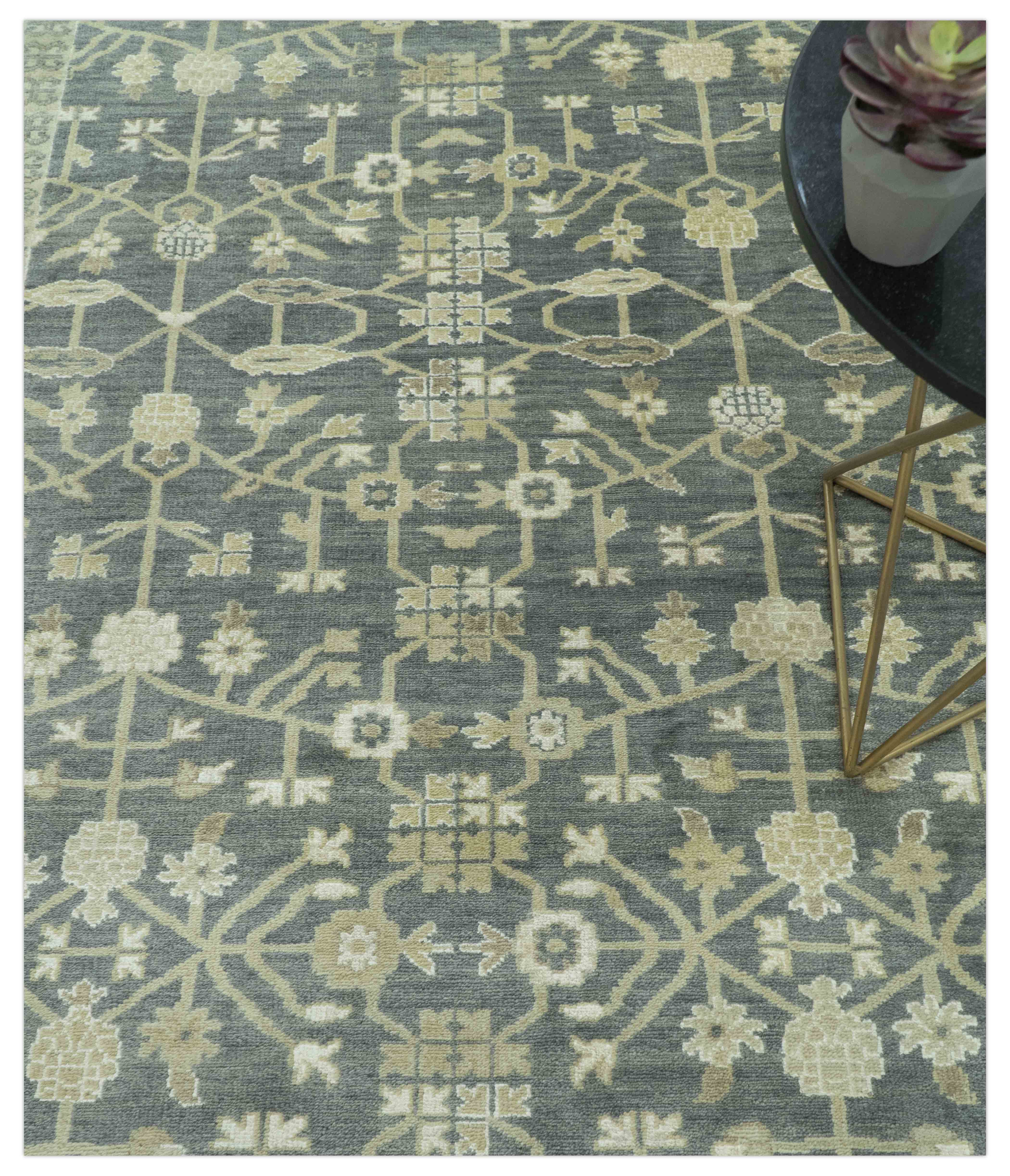 Traditional Design Charcoal And Beige 9x12 Hand Knotted Wool Area Rug - Image 3