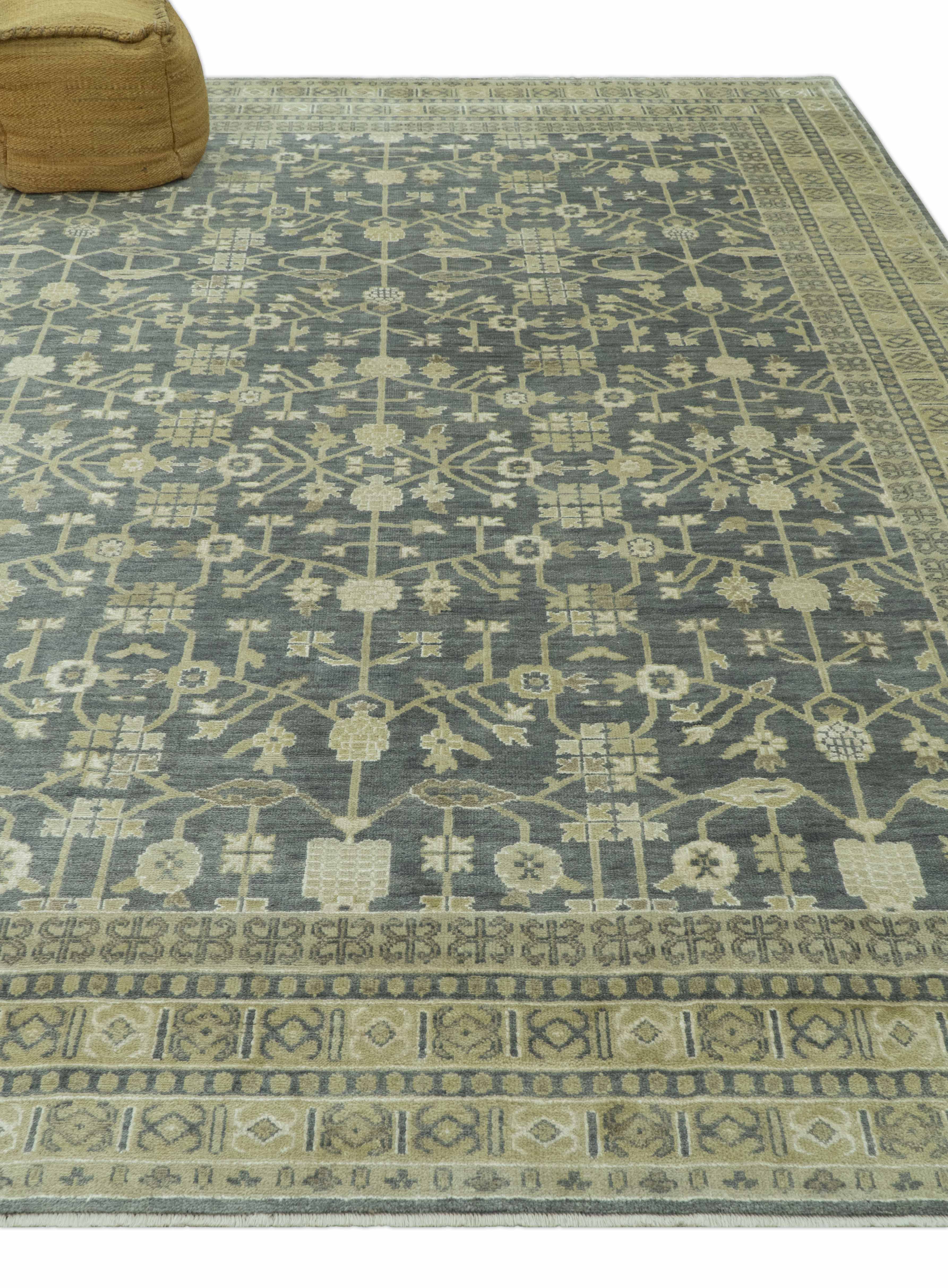 Traditional Design Charcoal And Beige 9x12 Hand Knotted Wool Area Rug - Image 9