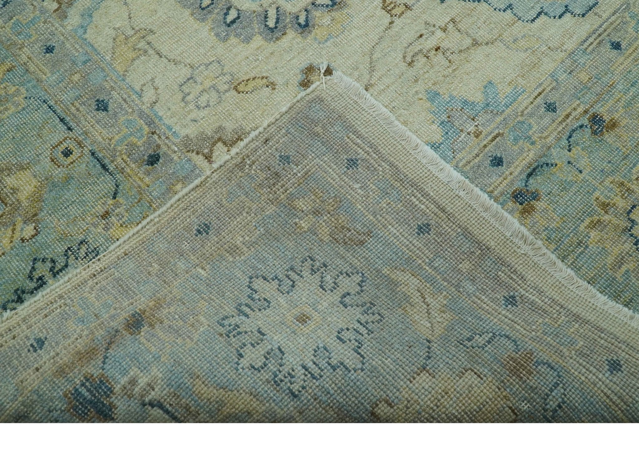 Distressed traditional Design Blue And Beige Hand Knotted 8x10 Wool Area Rug - Image 6