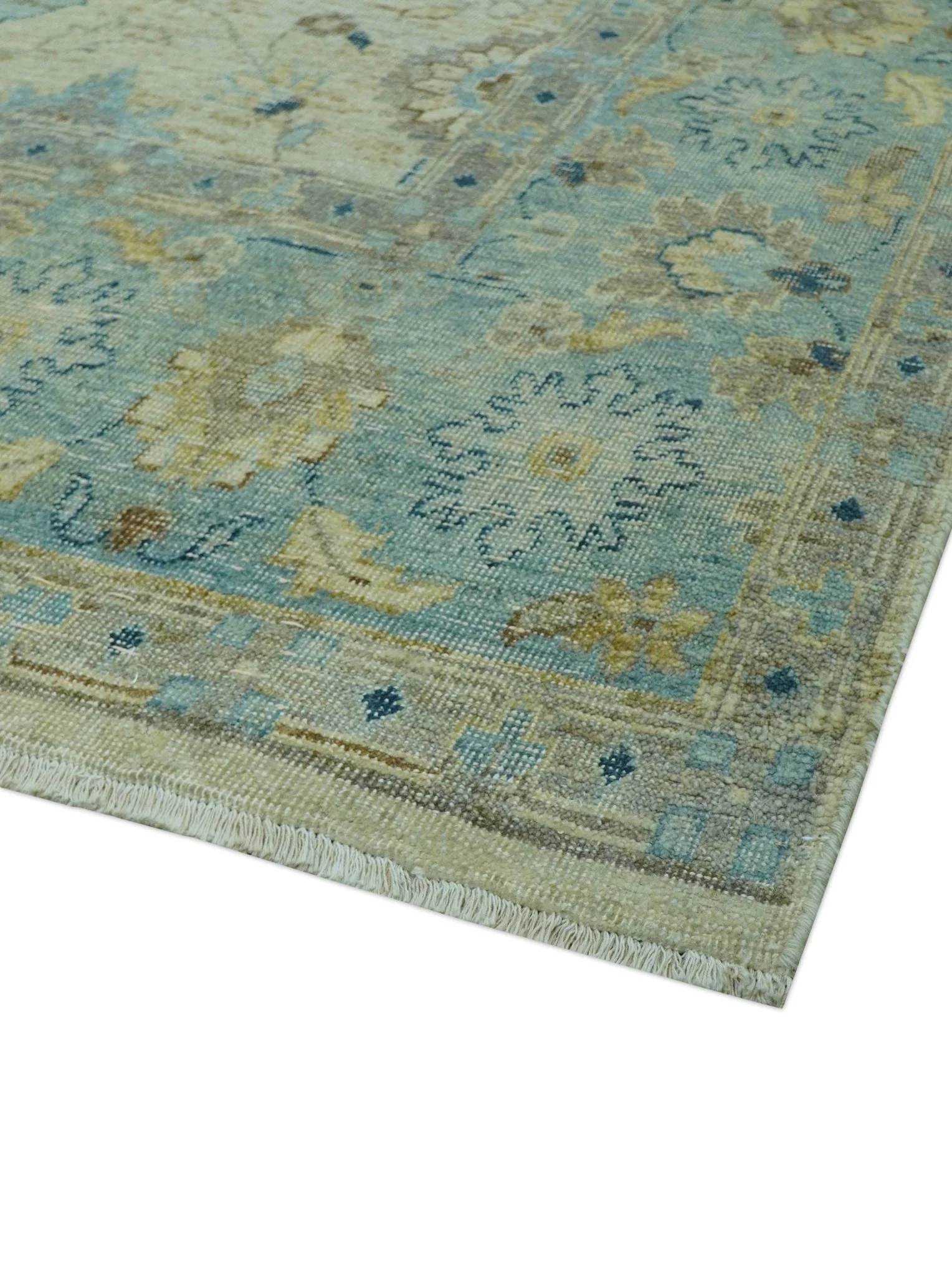 Distressed traditional Design Blue And Beige Hand Knotted 8x10 Wool Area Rug - Image 8