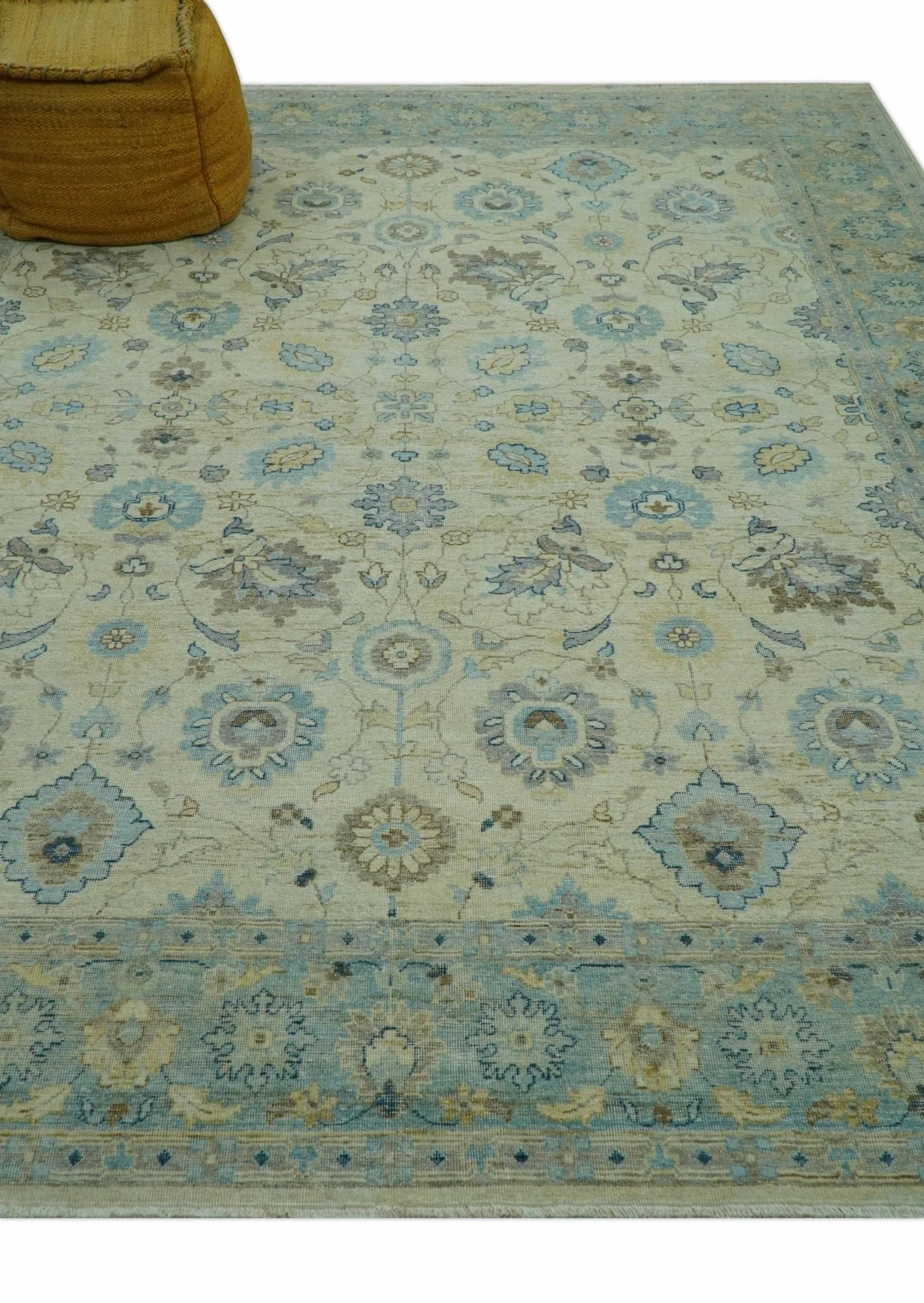 Distressed traditional Design Blue And Beige Hand Knotted 8x10 Wool Area Rug - Image 9