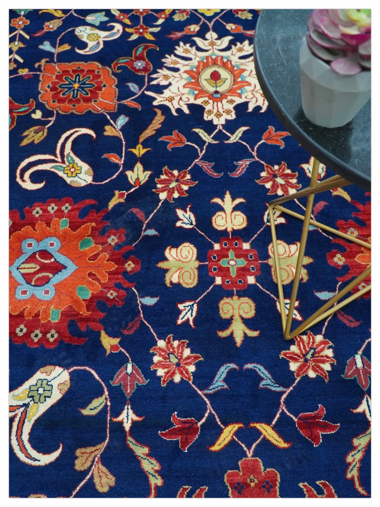 Traditional Floral Design Blue And Red 8x11 Hand Knotted wool Area Rug - Image 10