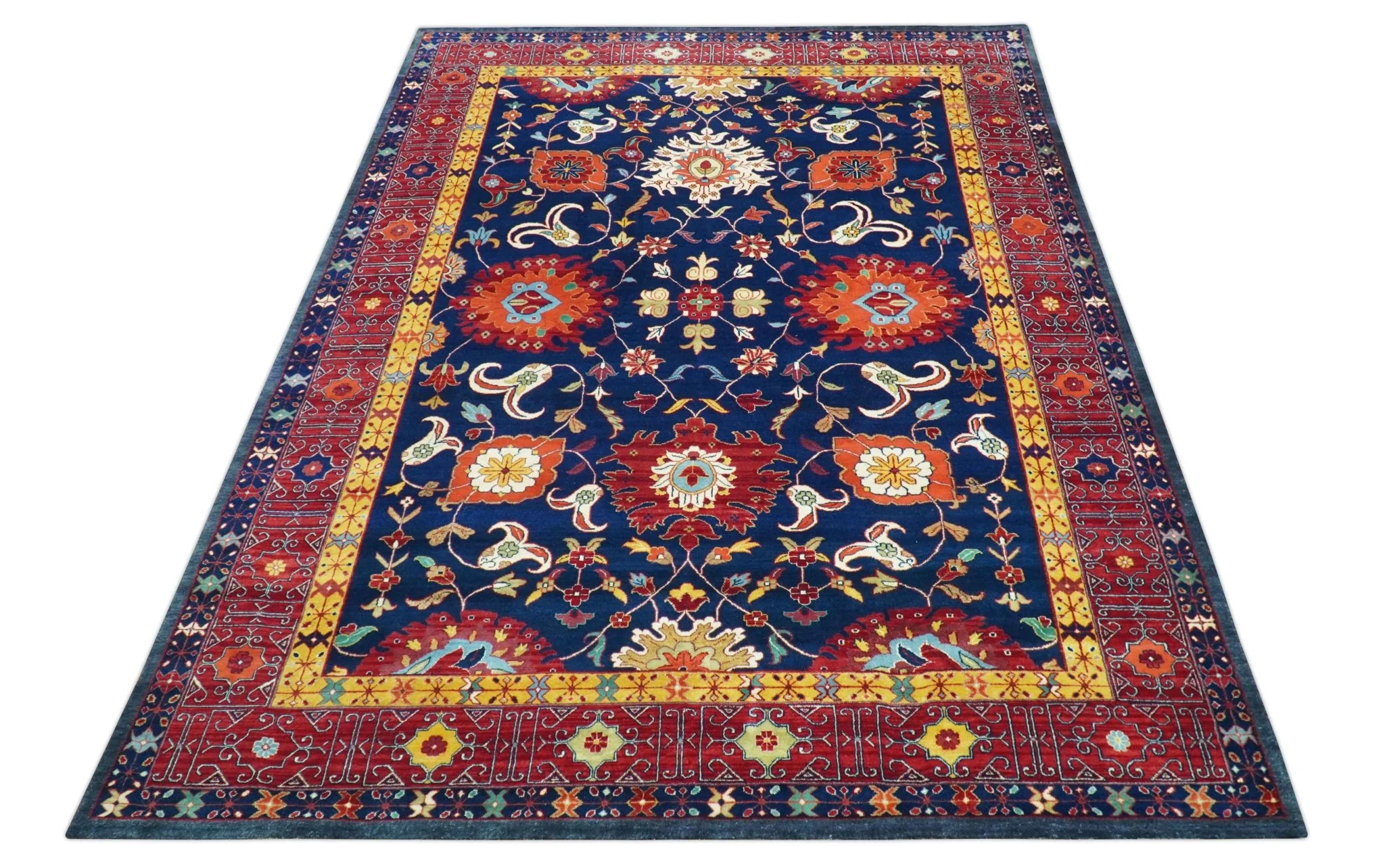 Traditional Floral Design Blue And Red 8x11 Hand Knotted wool Area Rug - Image 3