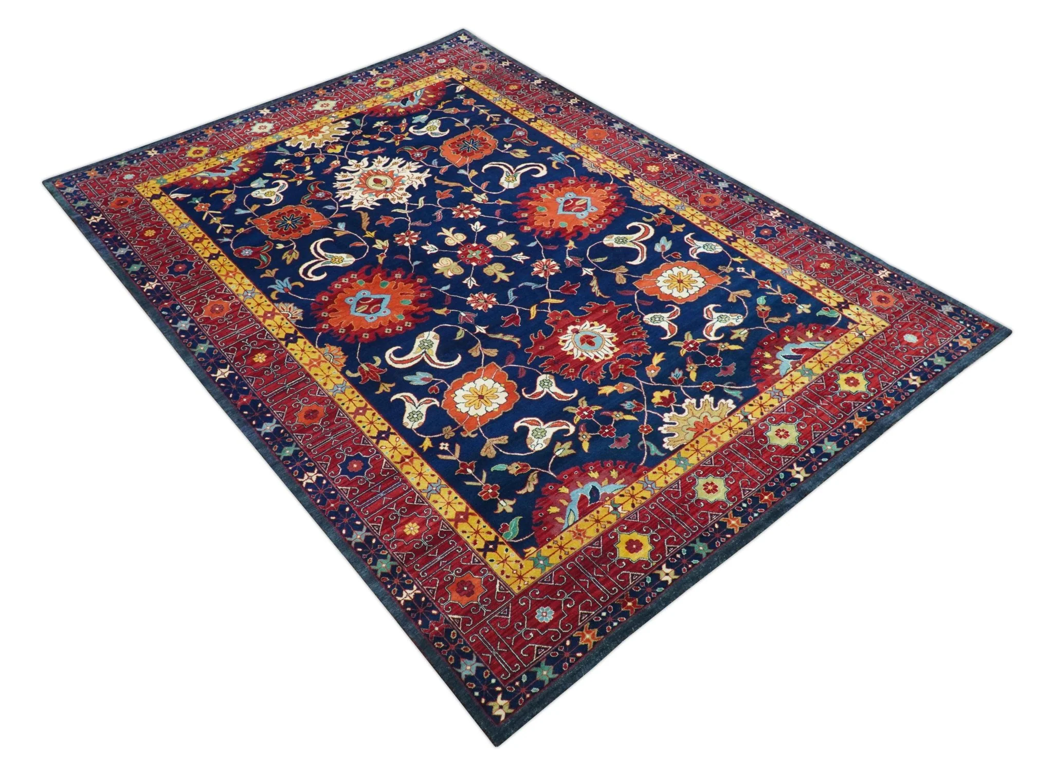 Traditional Floral Design Blue And Red 8x11 Hand Knotted wool Area Rug - Image 4