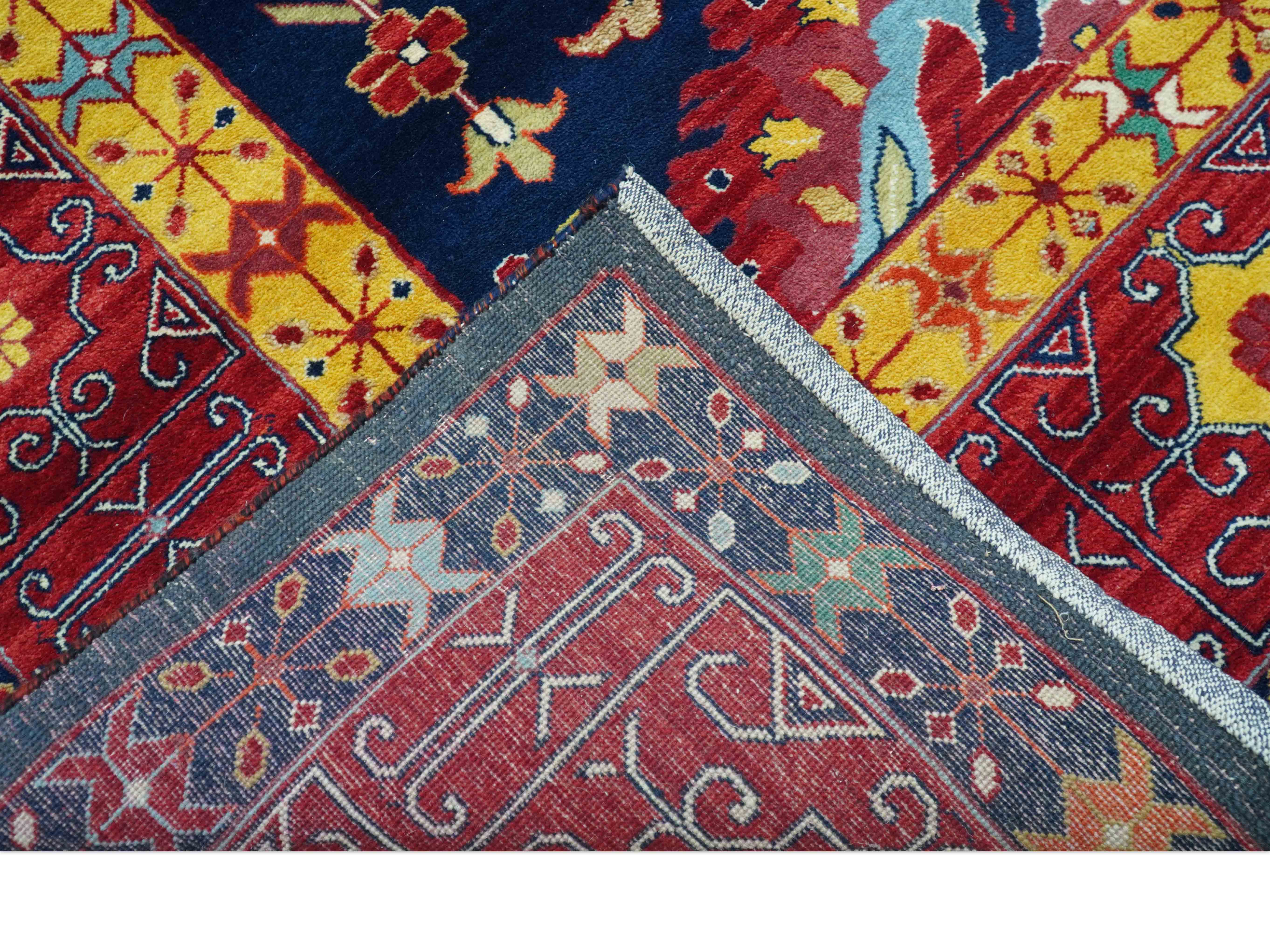 Traditional Floral Design Blue And Red 8x11 Hand Knotted wool Area Rug - Image 5