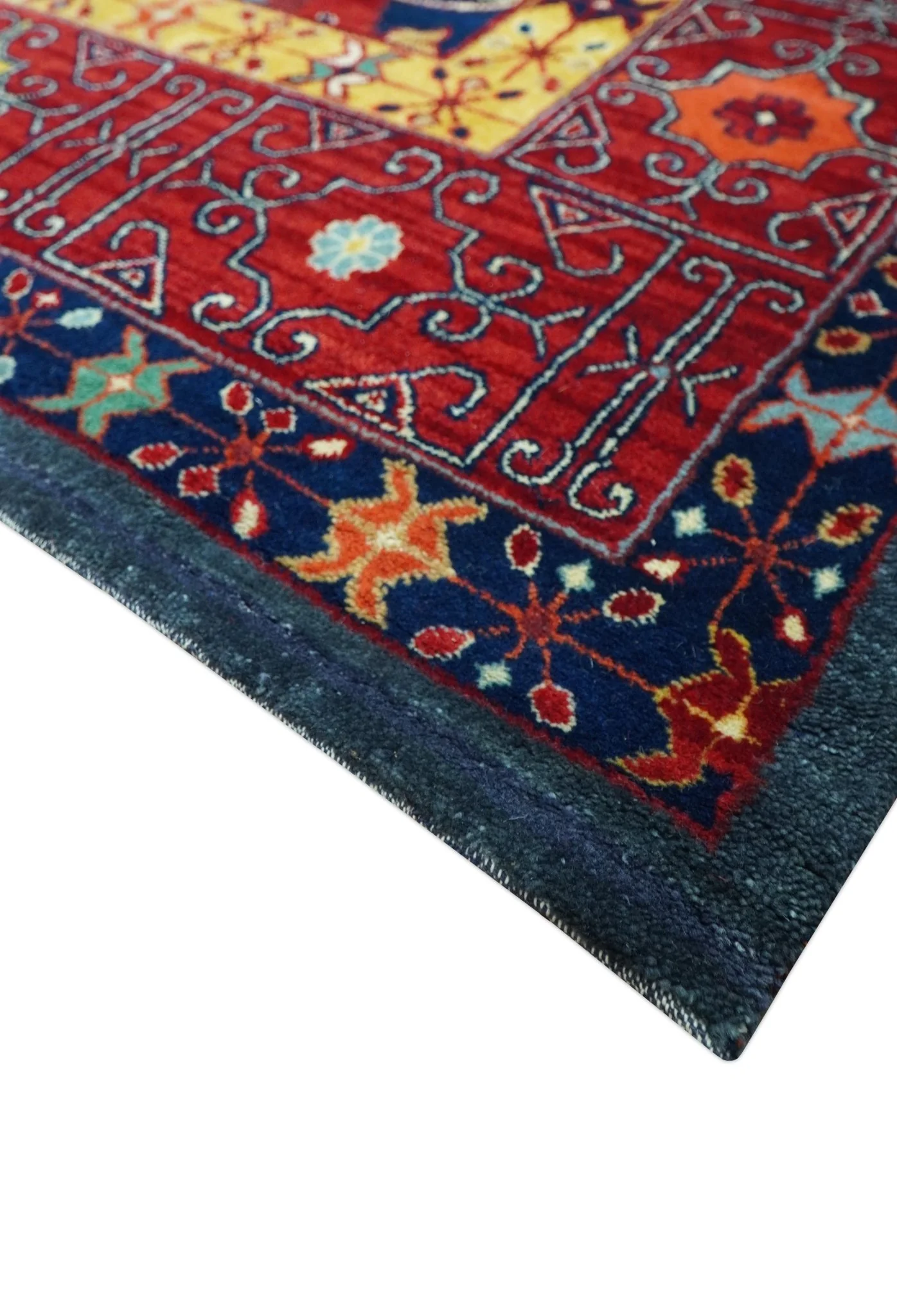 Traditional Floral Design Blue And Red 8x11 Hand Knotted wool Area Rug - Image 6