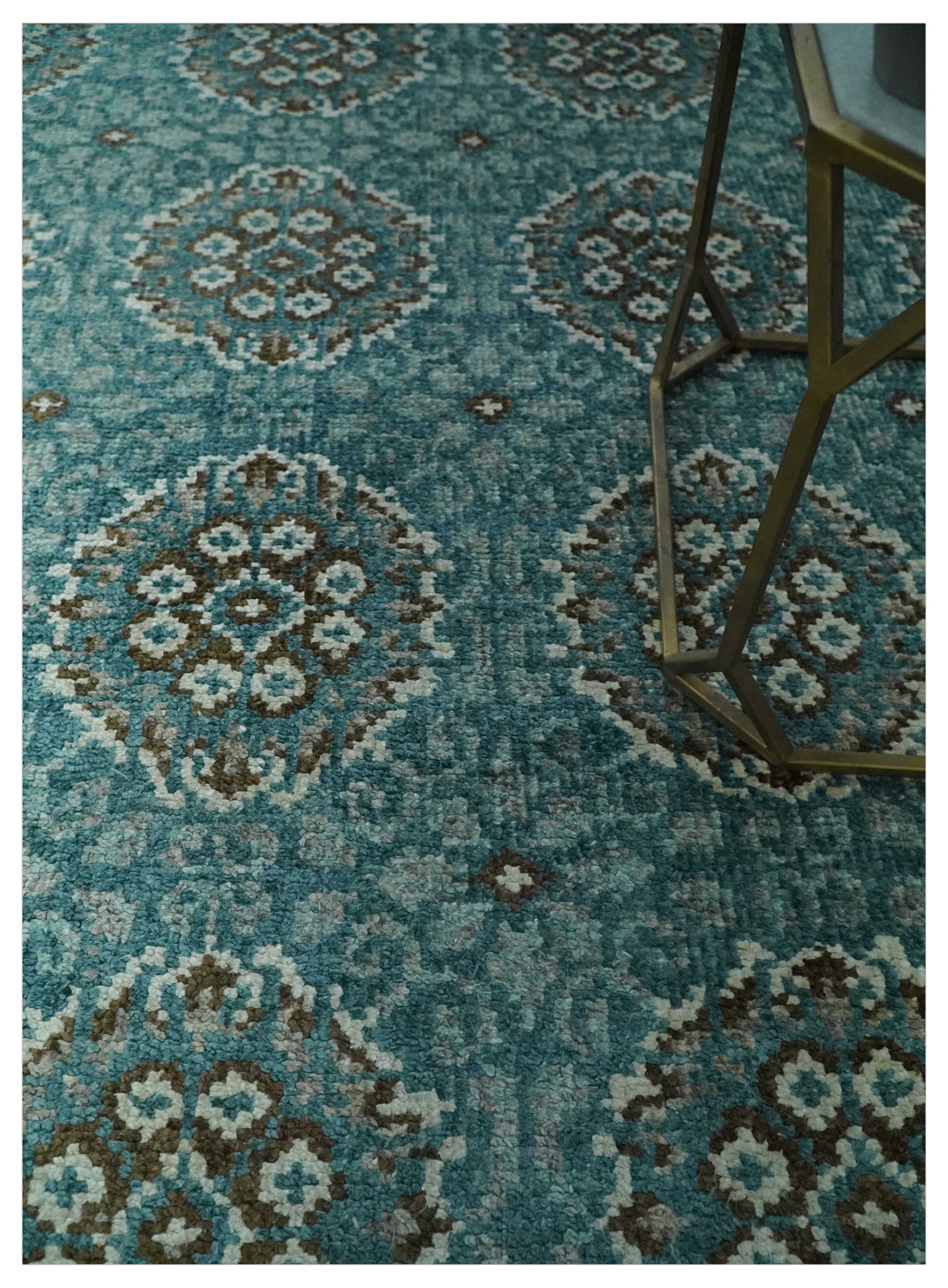 5x8 Traditional Damask Floral Design Blue, Ivory and Olive wool area rug - Image 2