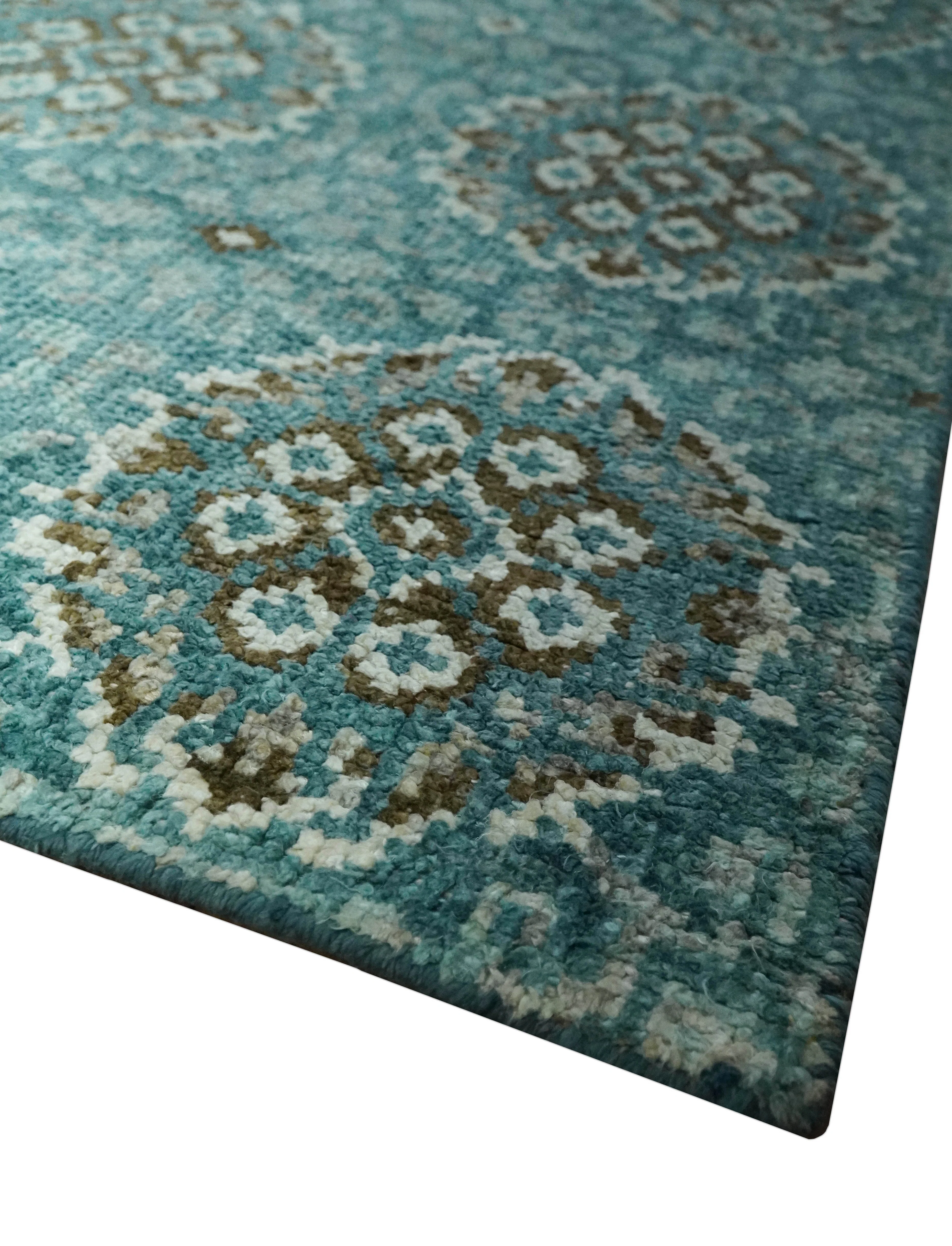 5x8 Traditional Damask Floral Design Blue, Ivory and Olive wool area rug - Image 5
