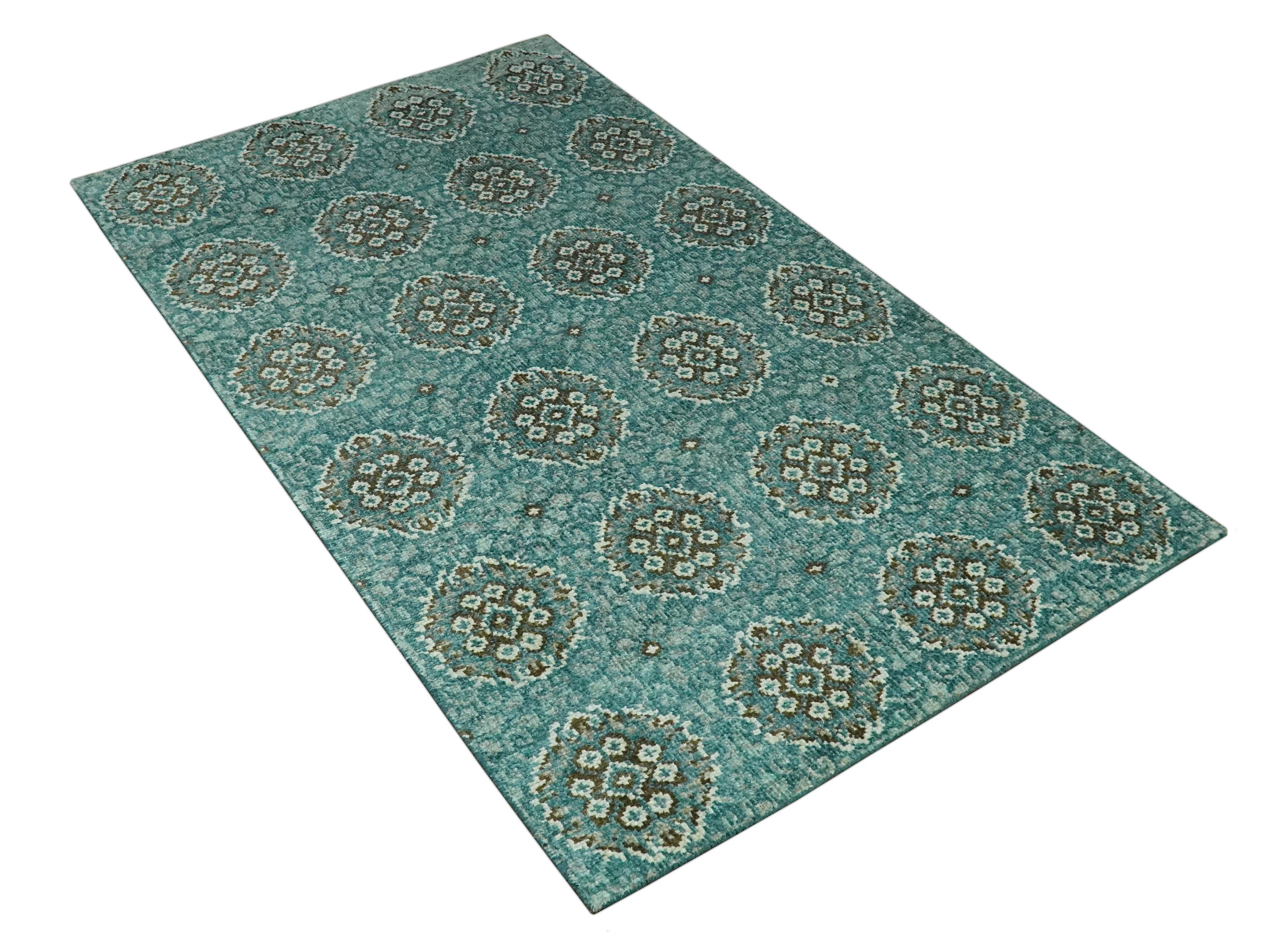 5x8 Traditional Damask Floral Design Blue, Ivory and Olive wool area rug - Image 9