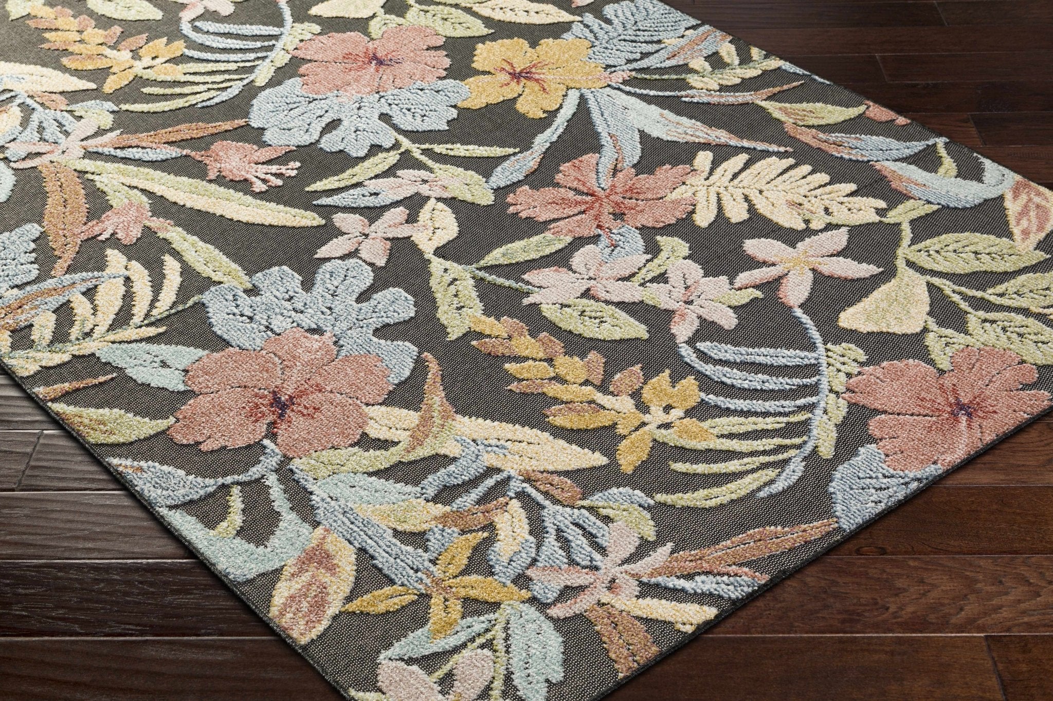 Traditional Floral Design Charcoal And Pink Machine Woven Outdoor Area Rug - Image 3